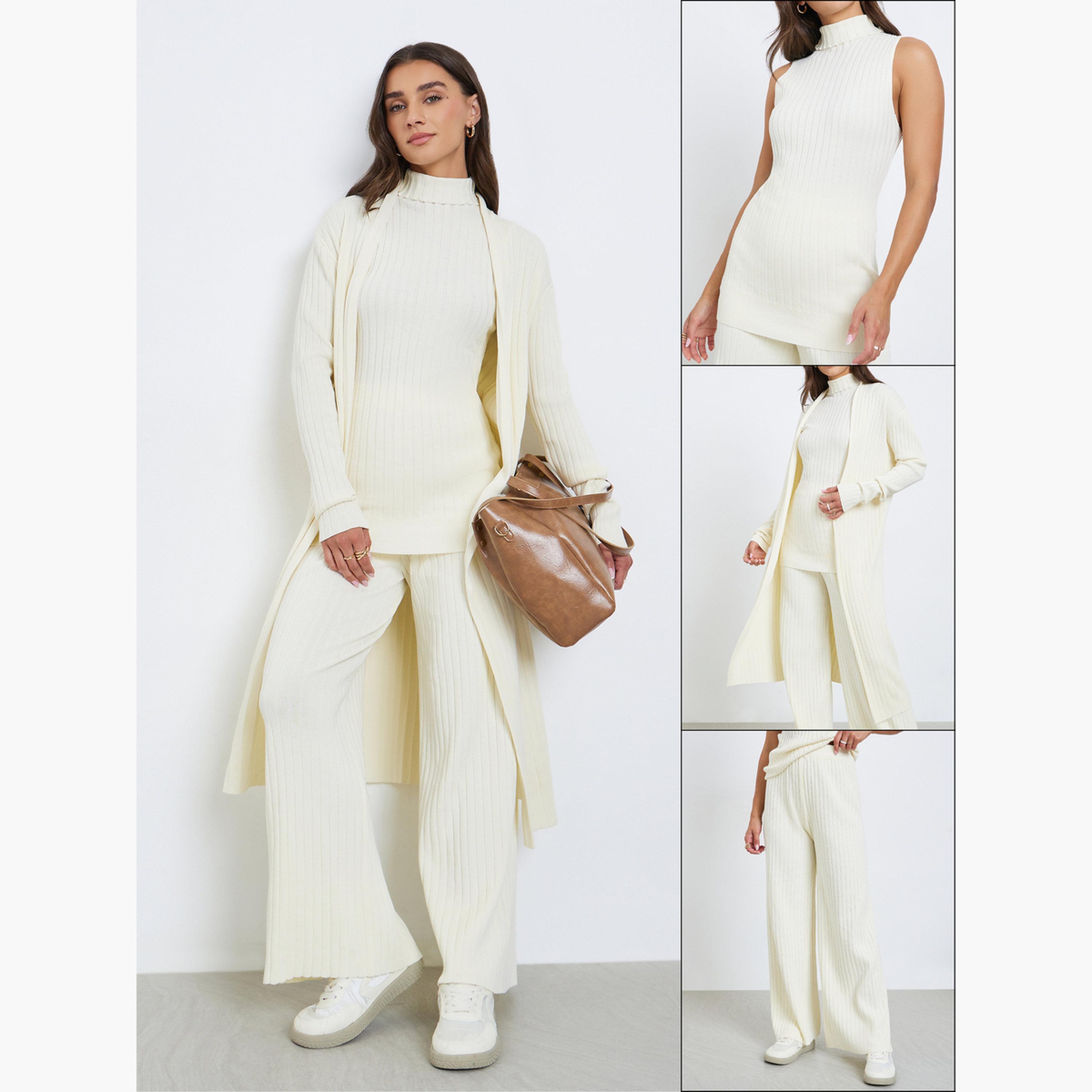 ستايلي - مجموعة من 3 قطع - بلوزة محبوكة مضلعة، كارديغان وبنطال-women-clothing-coordsets-image-1