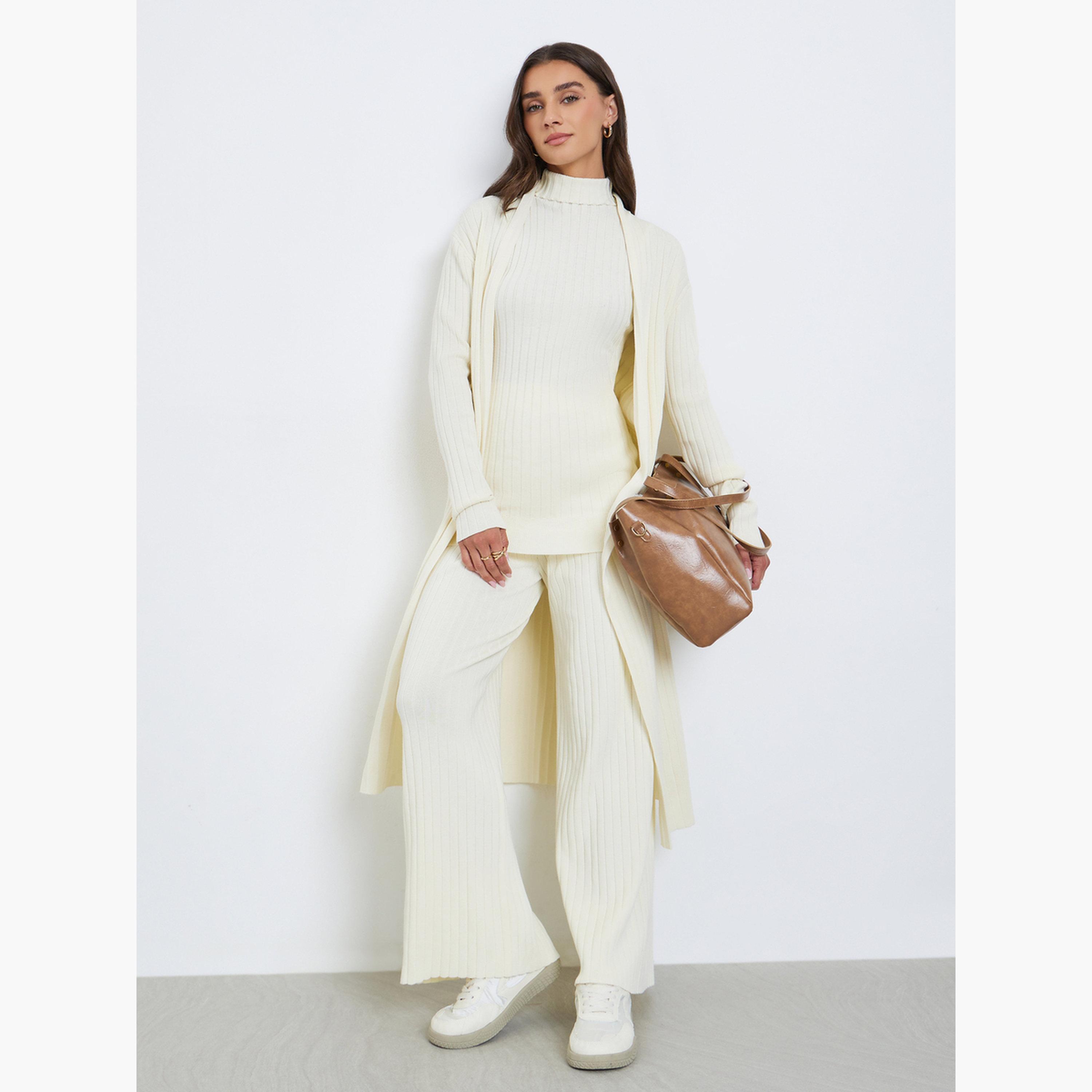 ستايلي - مجموعة من 3 قطع - بلوزة محبوكة مضلعة، كارديغان وبنطال-women-clothing-coordsets-image-2