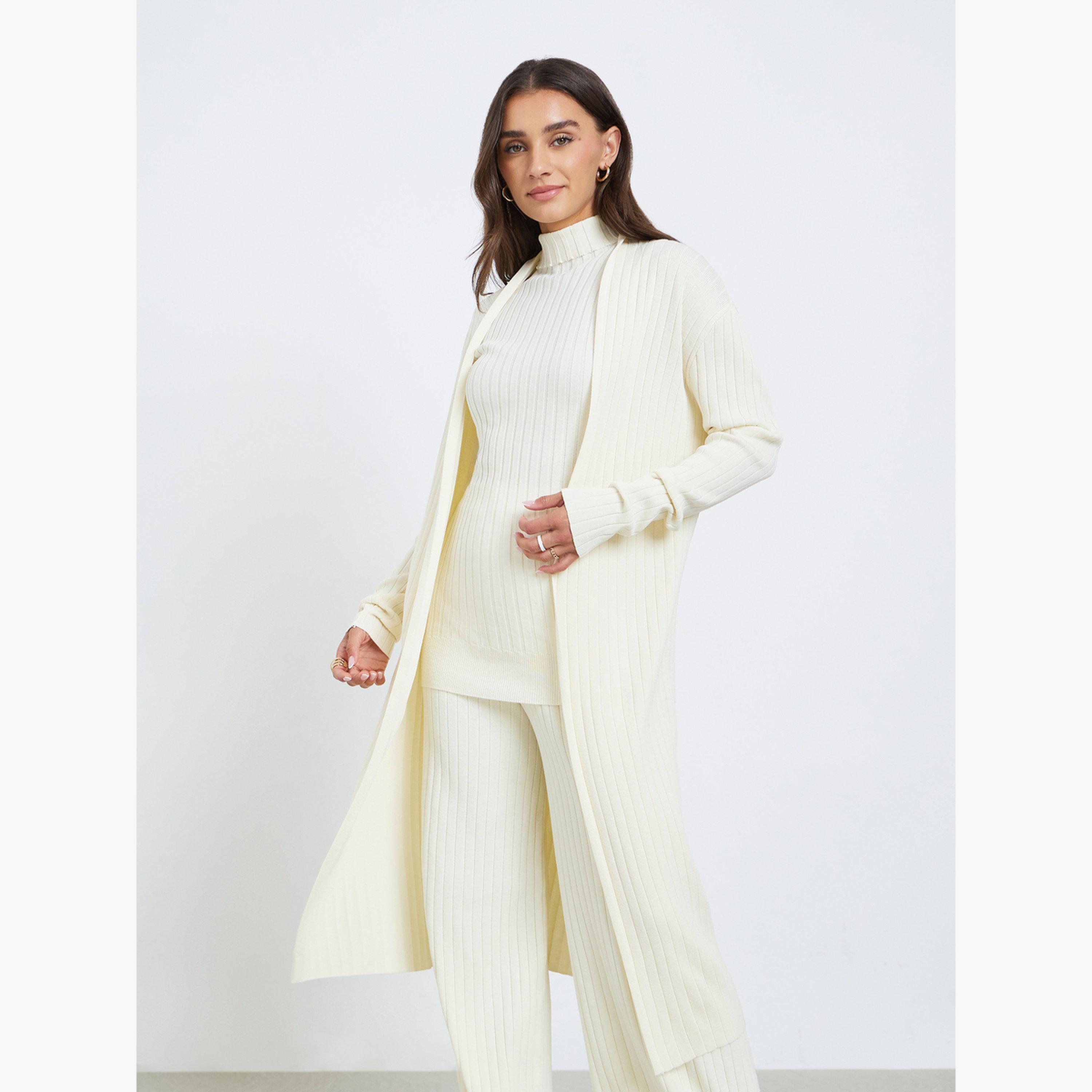ستايلي - مجموعة من 3 قطع - بلوزة محبوكة مضلعة، كارديغان وبنطال-women-clothing-coordsets-image-3