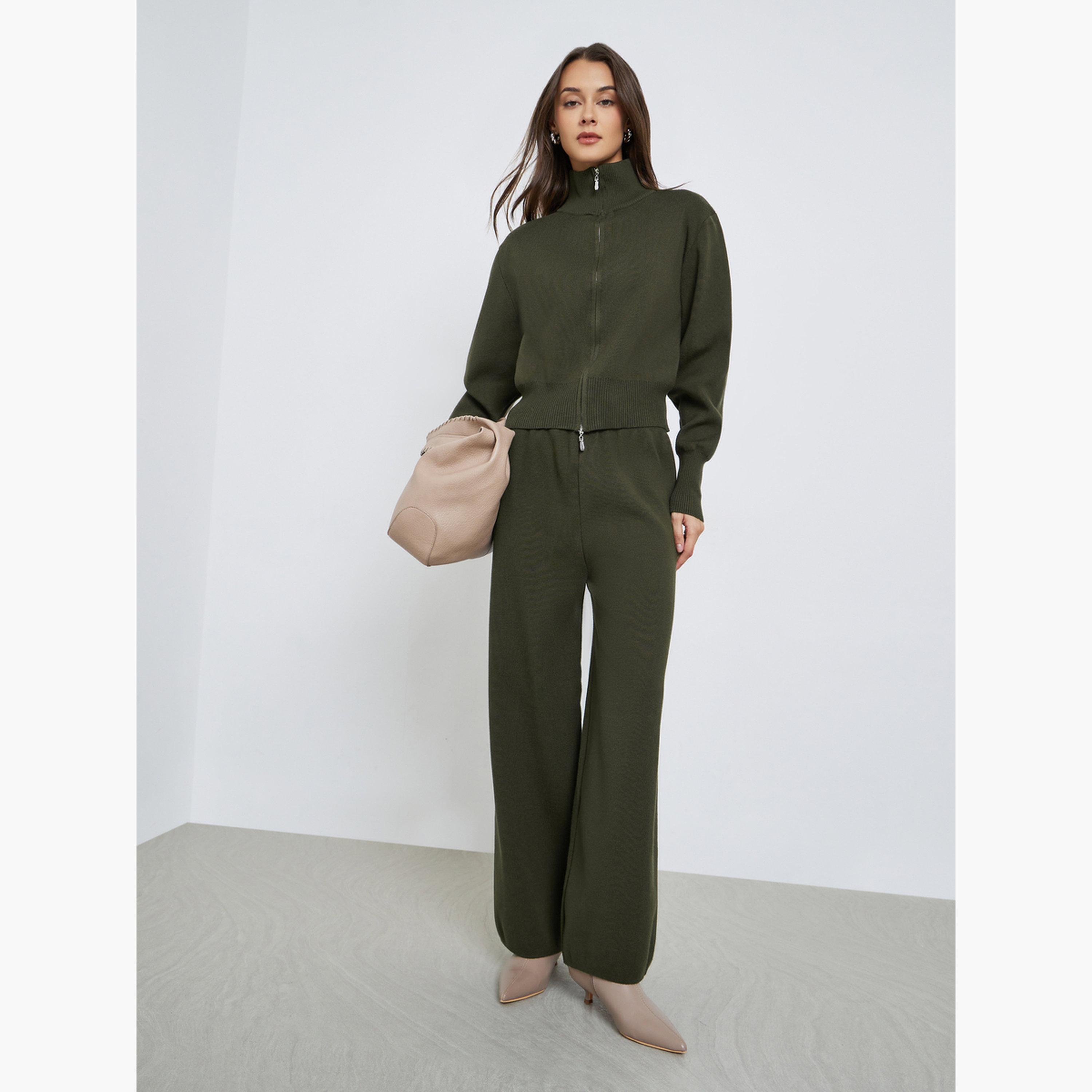 Styli Olive Knitted Sweater and Pants Co-ords-women-clothing-coordsets-image-1