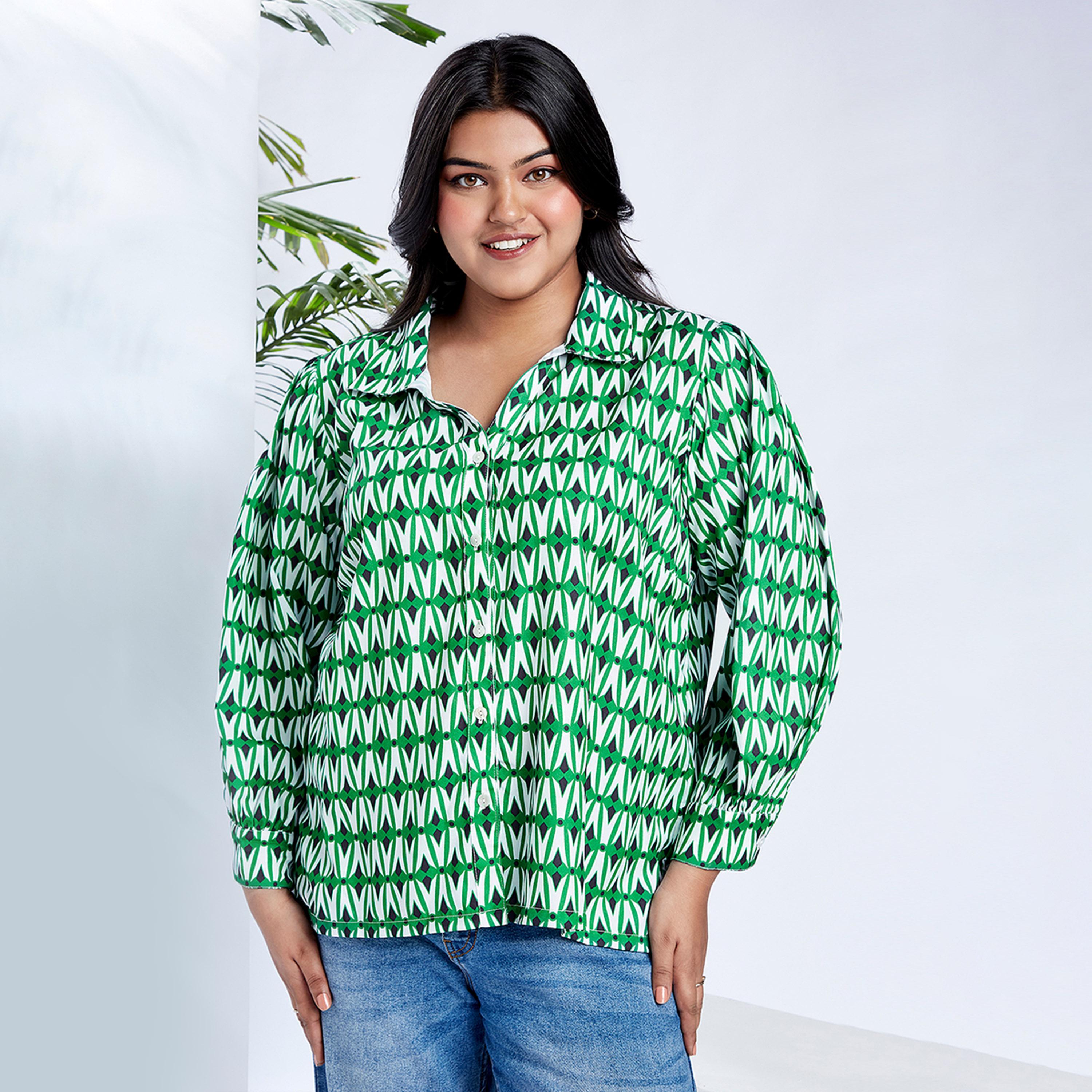 Globus X Styli Plus Size Green Printed Long Sleeve Shirt-women-clothing-shirtsandblouses-shirts-image-1