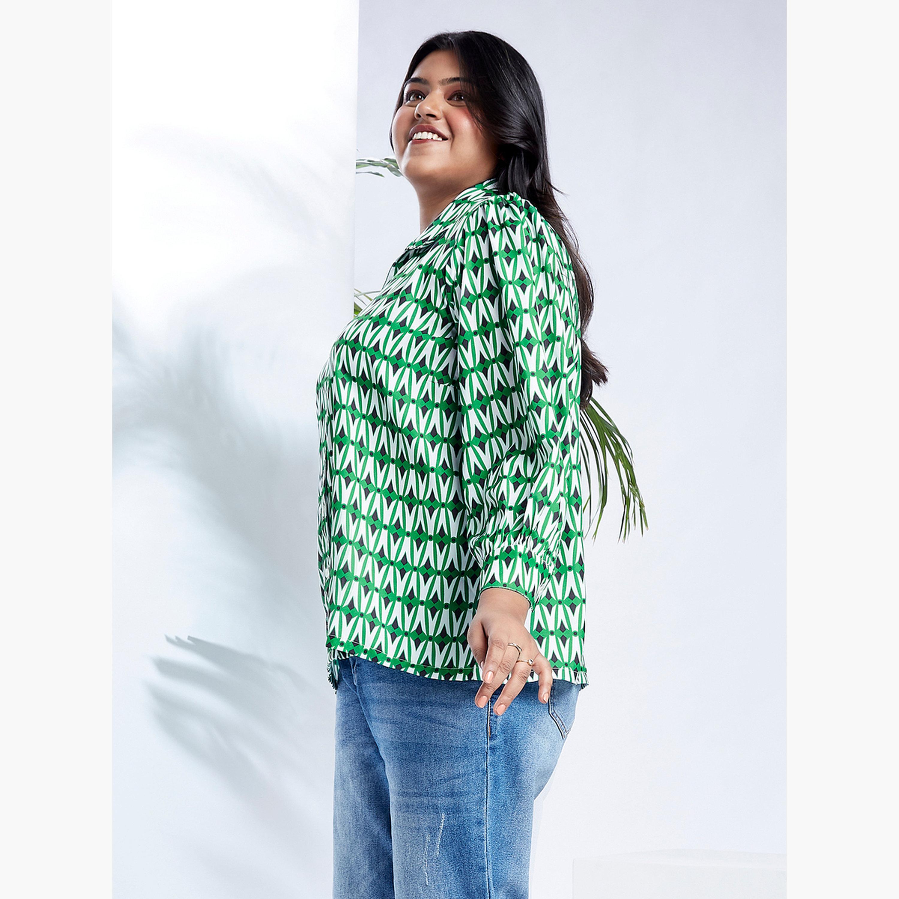 Globus X Styli Plus Size Green Printed Long Sleeve Shirt-women-clothing-shirtsandblouses-shirts-image-2