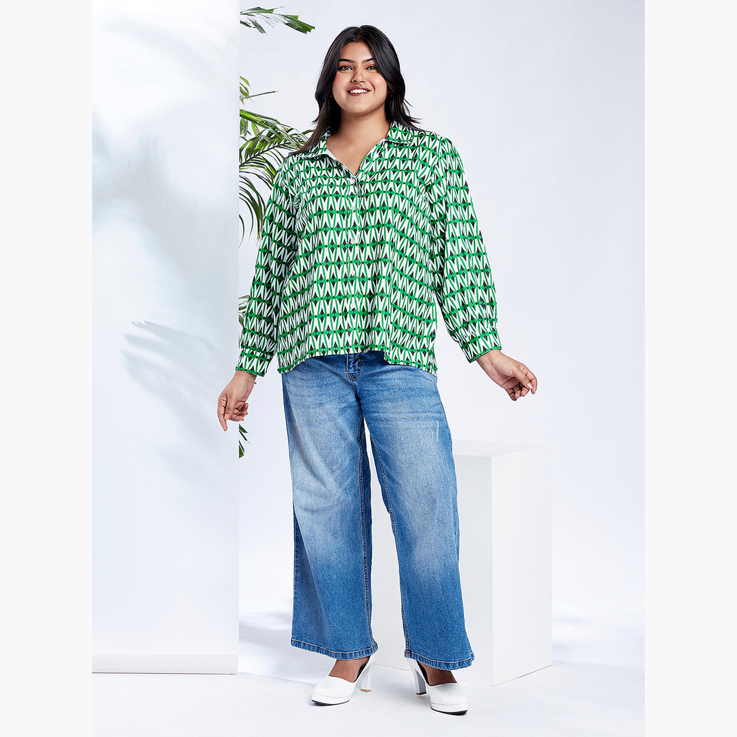 Globus X Styli Plus Size Green Printed Long Sleeve Shirt-women-clothing-shirtsandblouses-shirts-image-5