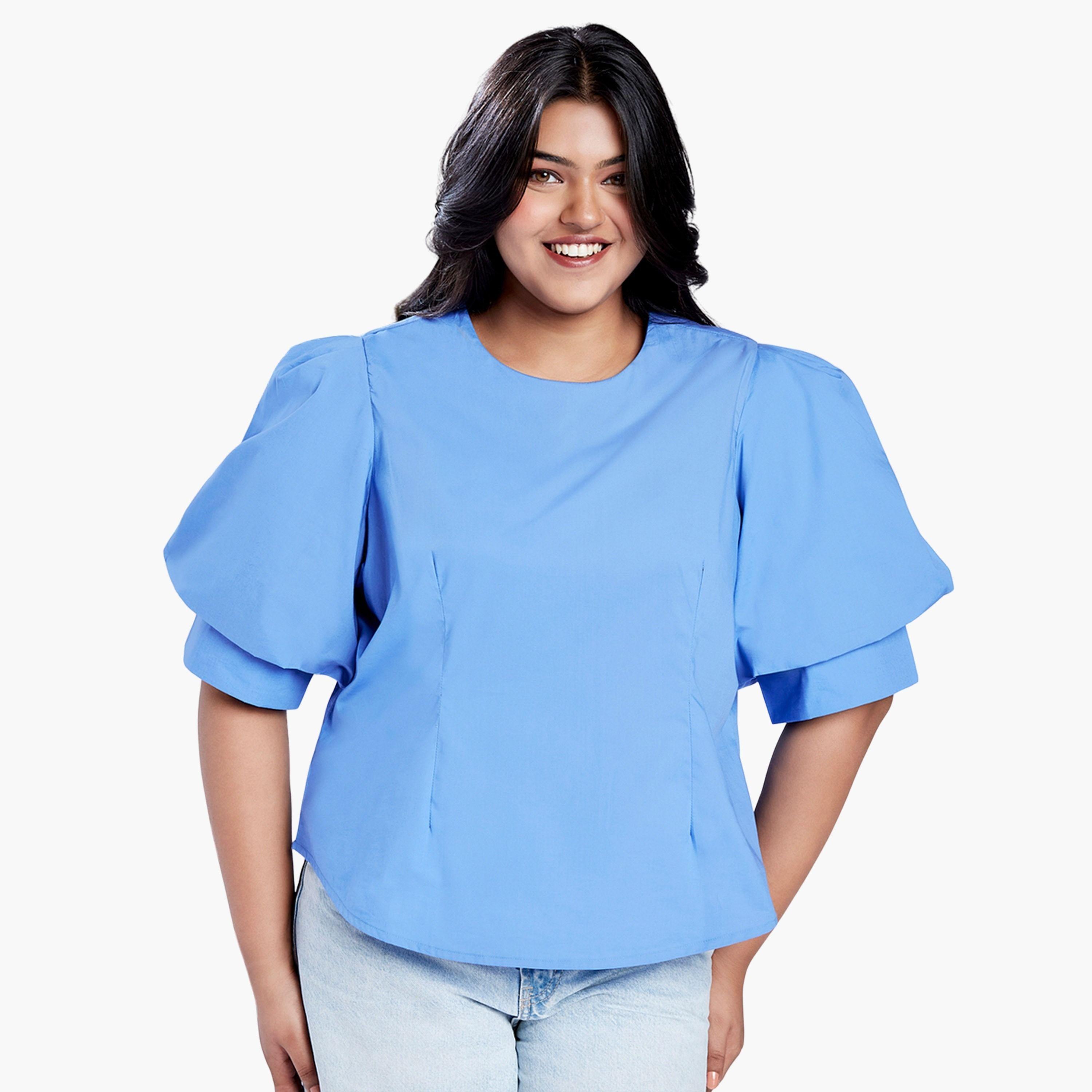 غلوبوس × ستايلي - بلوزة زرقاء بحجم كبير بأكمام منفوخة-women-clothing-shirtsandblouses-blouses-image-1