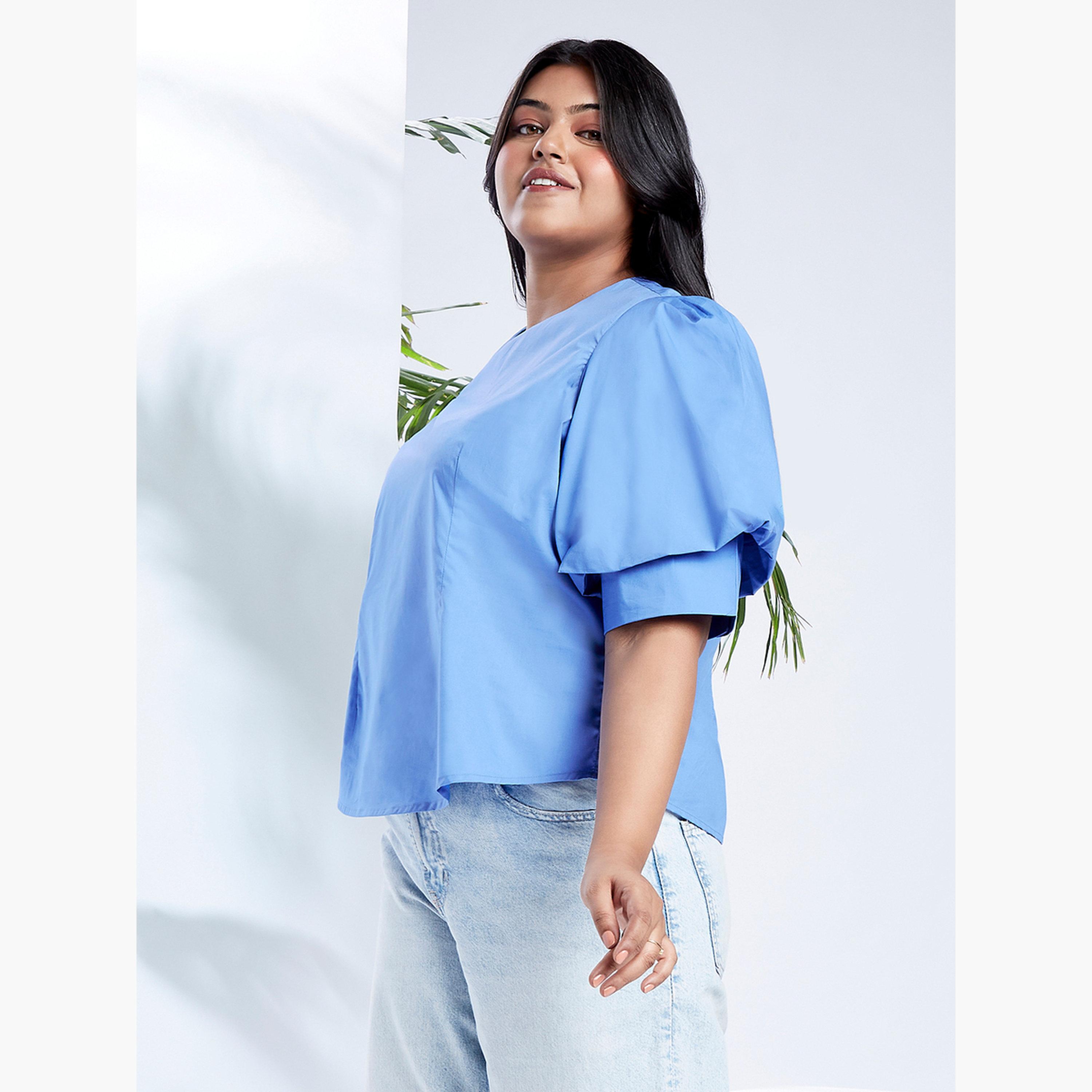 Globus X Styli Plus Size Blue Top with Puff Sleeves-women-clothing-shirtsandblouses-blouses-image-2