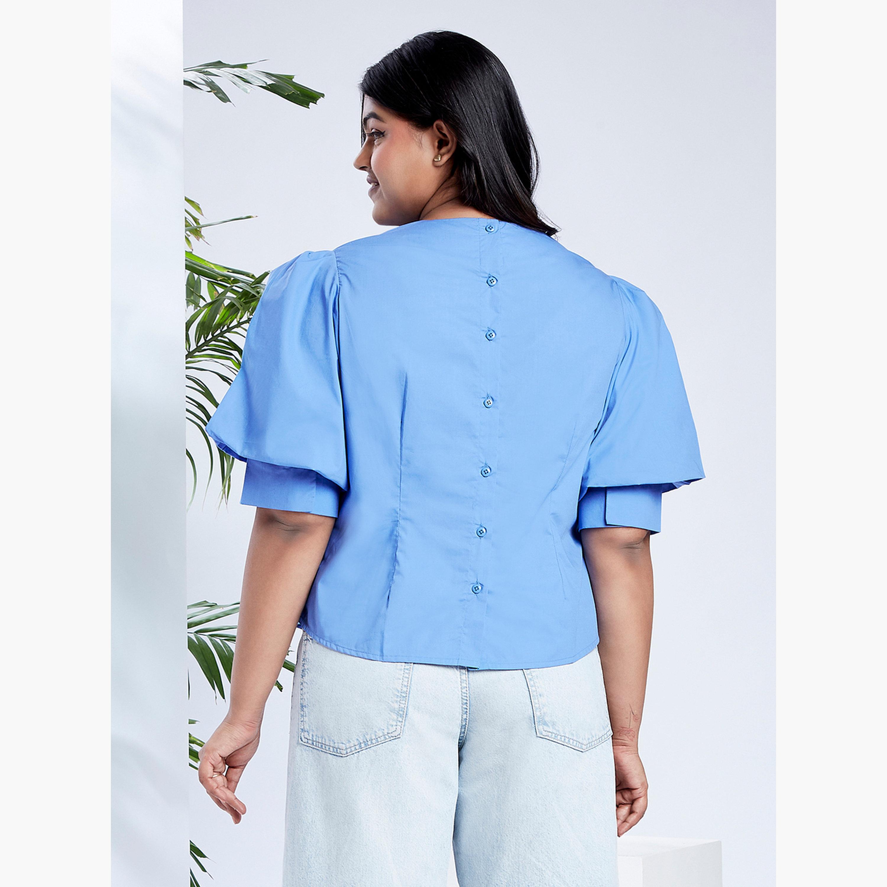 Globus X Styli Plus Size Blue Top with Puff Sleeves-women-clothing-shirtsandblouses-blouses-image-3