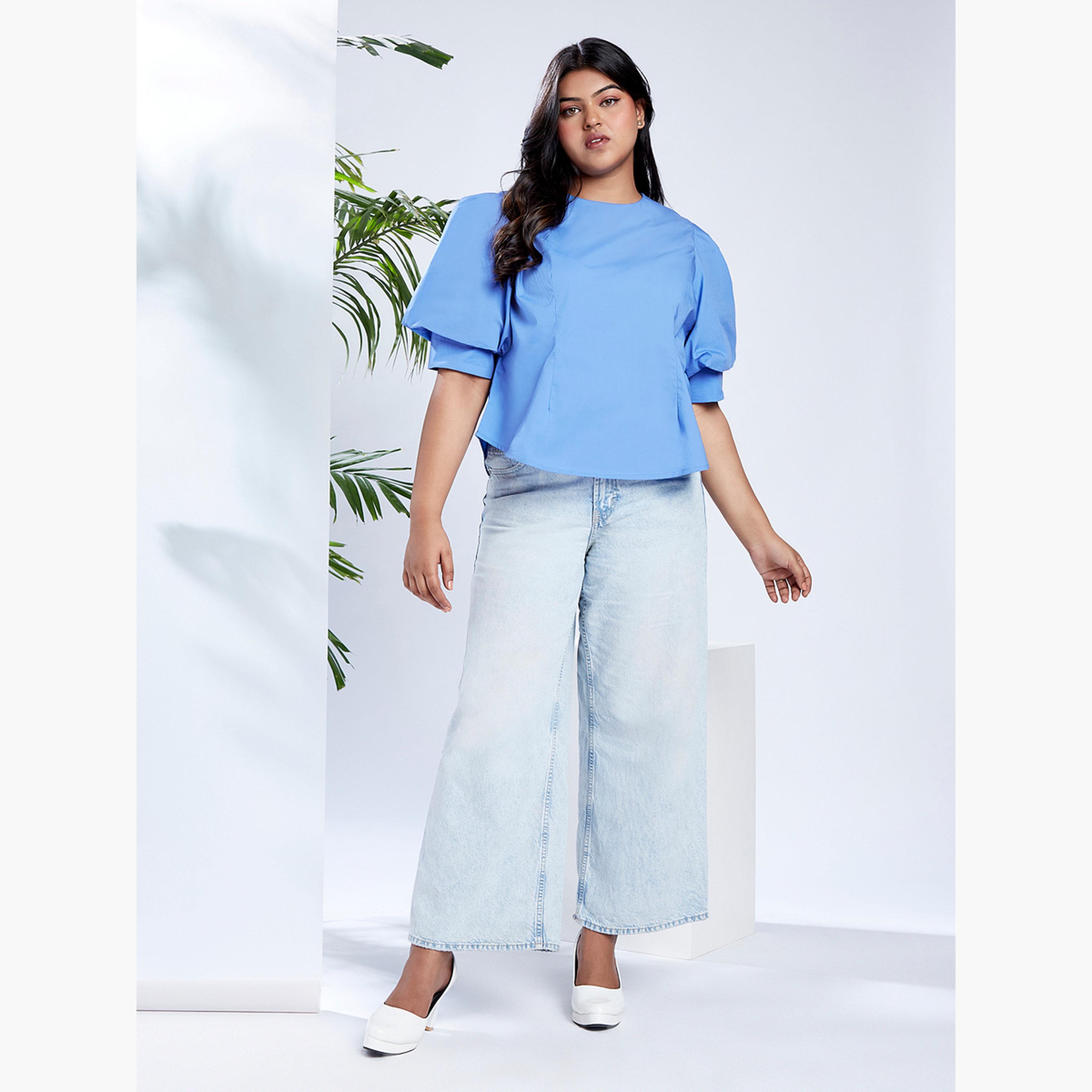 غلوبوس × ستايلي - بلوزة زرقاء بحجم كبير بأكمام منفوخة-women-clothing-shirtsandblouses-blouses-image-5
