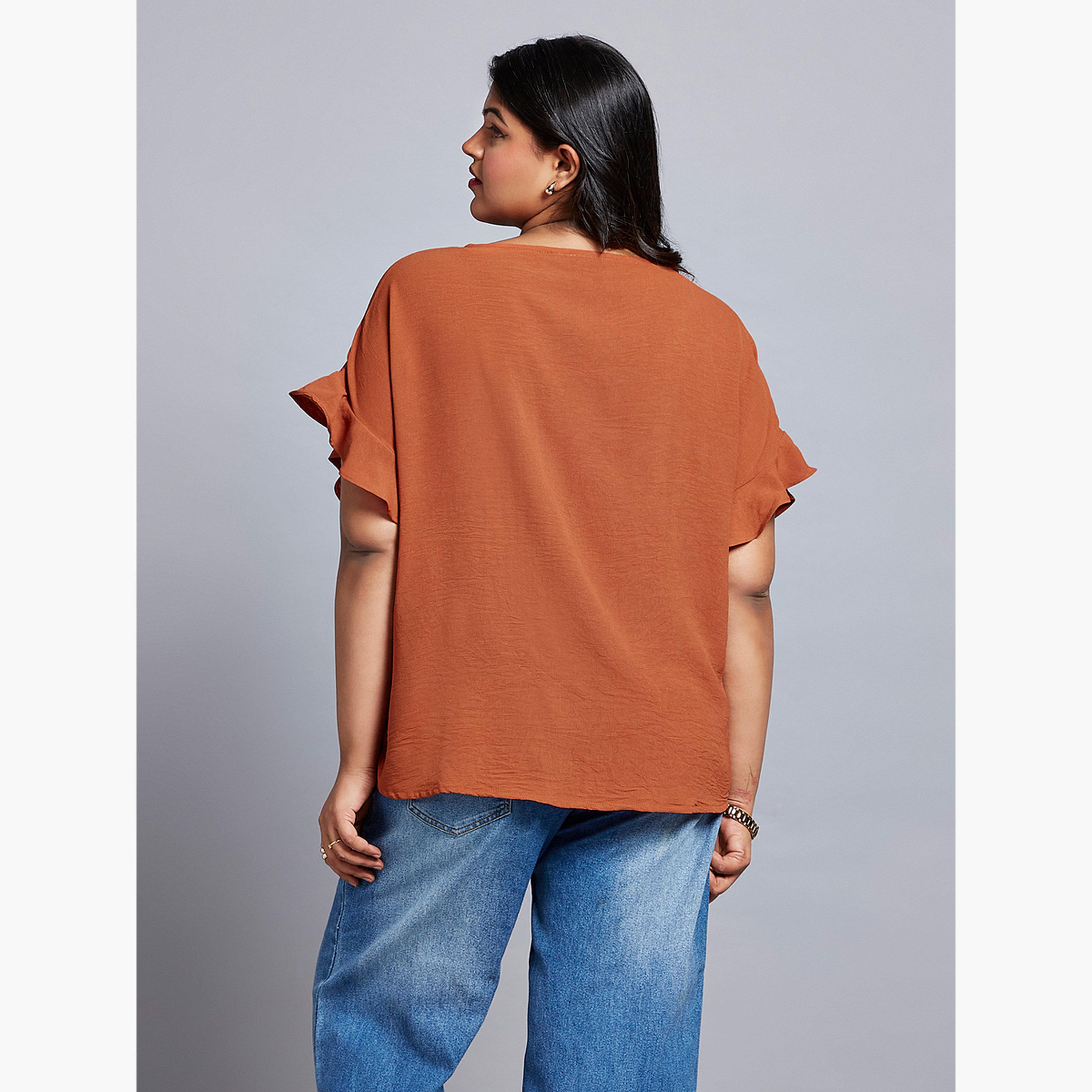 Globus X Styli Plus Size Rust Ruffle Sleeve Top-women-clothing-shirtsandblouses-blouses-image-3
