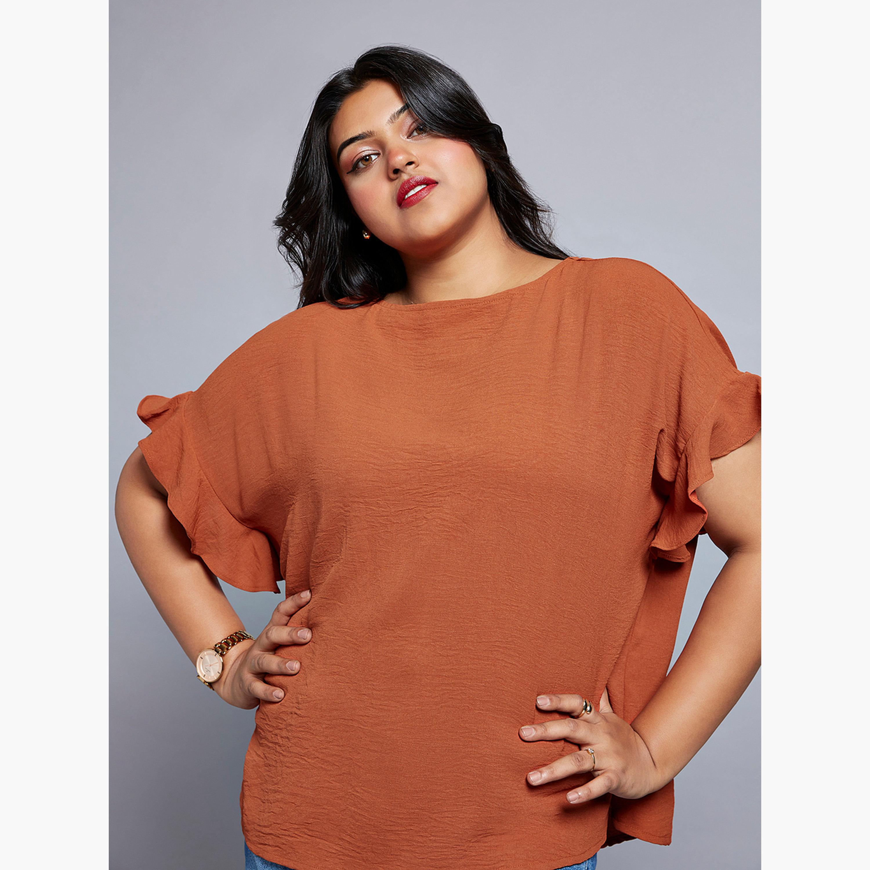 Globus X Styli Plus Size Rust Ruffle Sleeve Top-women-clothing-shirtsandblouses-blouses-image-5