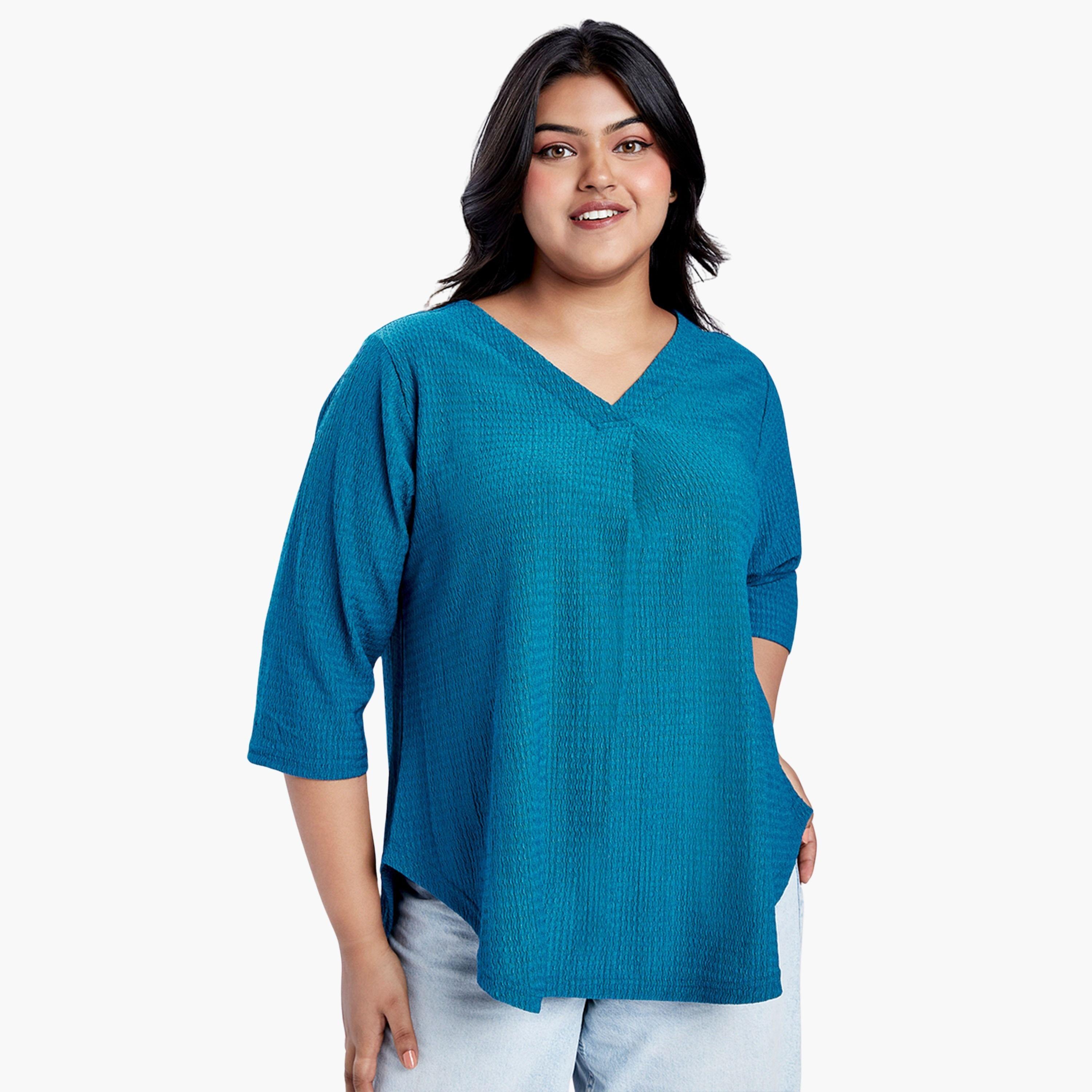 Globus X Styli Plus Size Blue Textured V-Neck Top-women-clothing-shirtsandblouses-blouses-image-1
