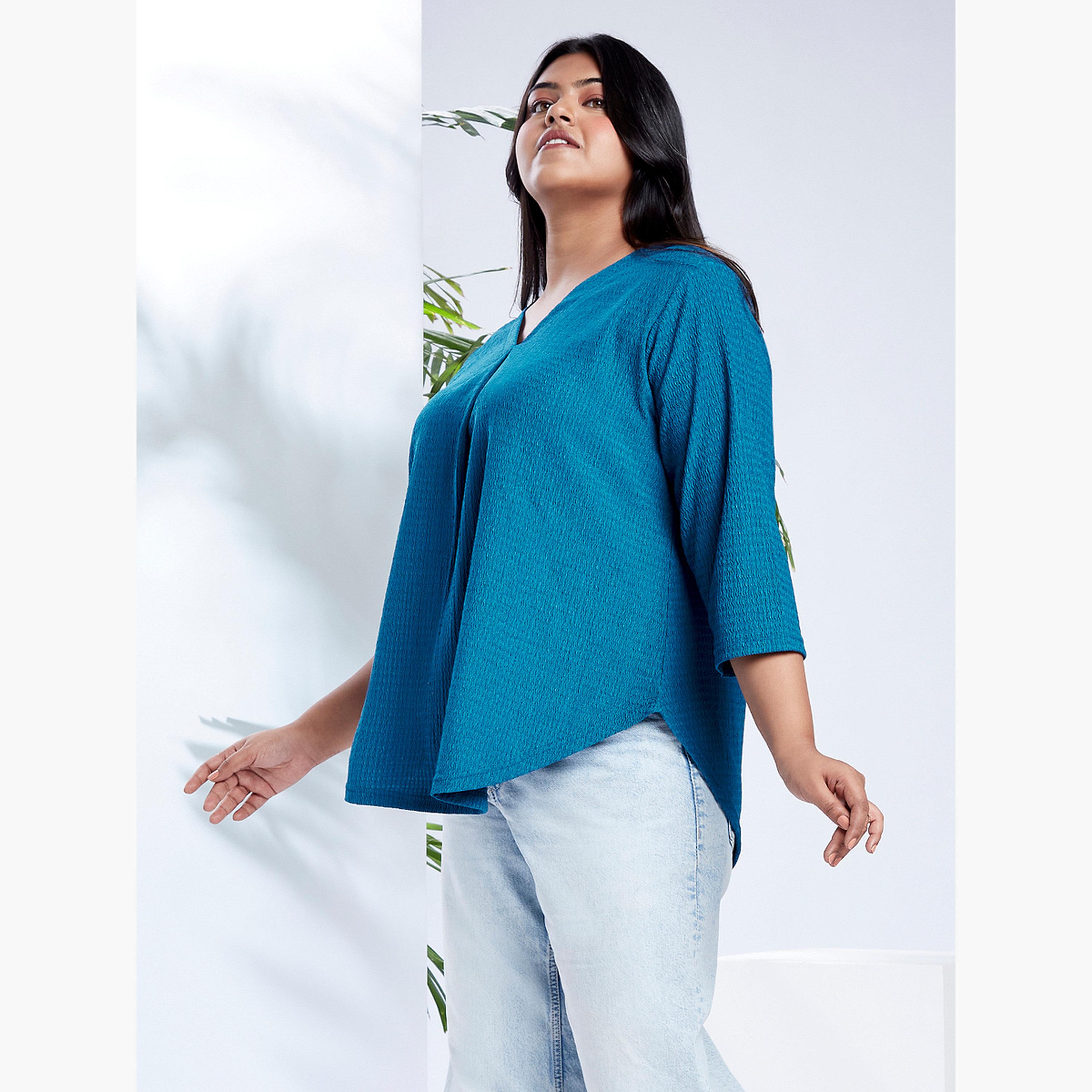 غلوبوس × ستايلي - بلوزة زرقاء بحجم كبير ورقبة على شكل حرف V-women-clothing-shirtsandblouses-blouses-image-2