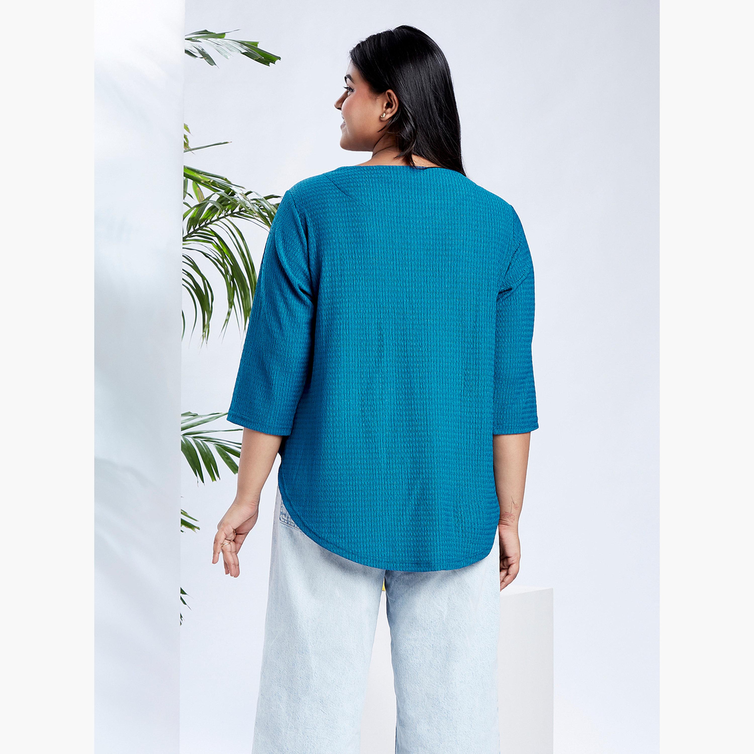 Globus X Styli Plus Size Blue Textured V-Neck Top-women-clothing-shirtsandblouses-blouses-image-3