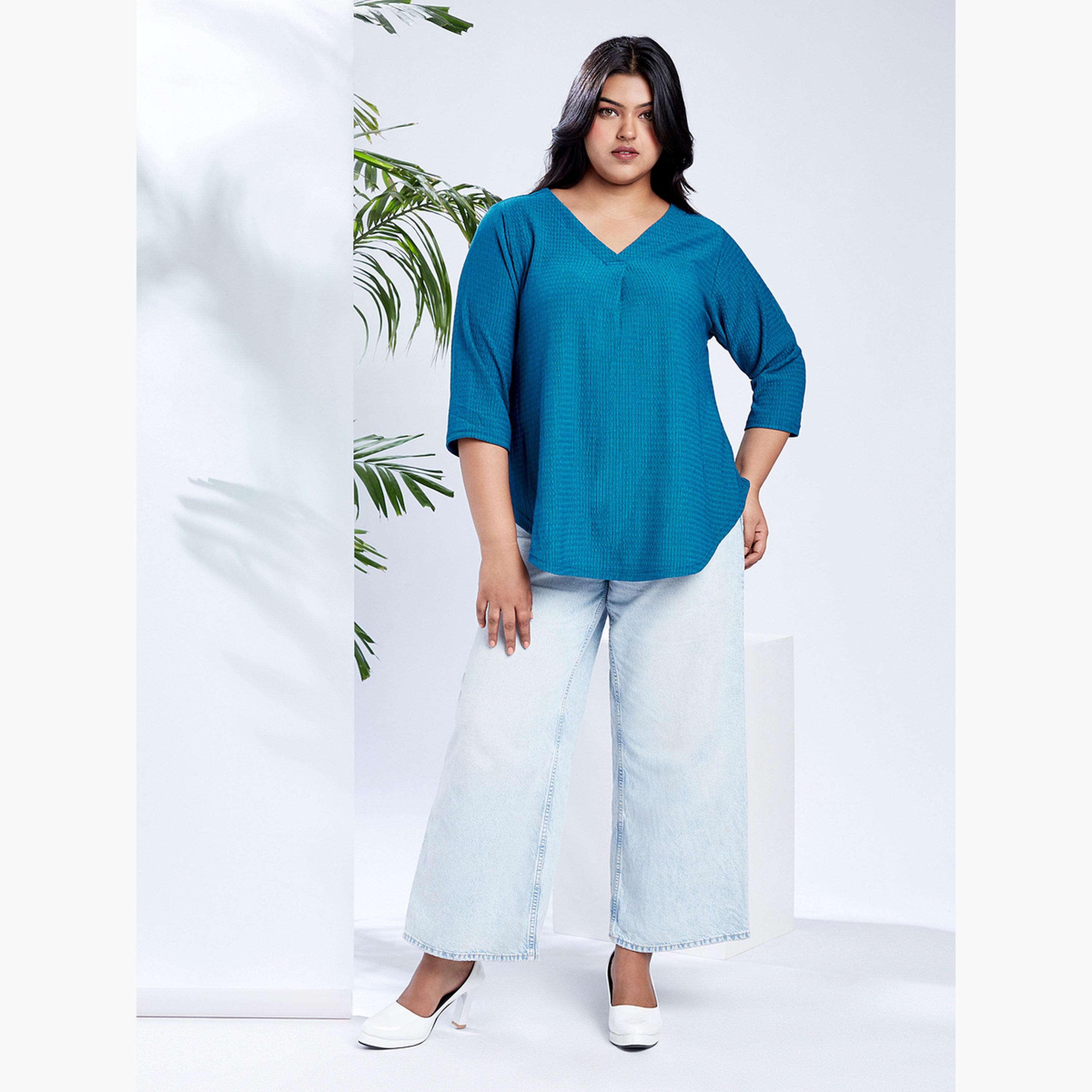 Globus X Styli Plus Size Blue Textured V-Neck Top-women-clothing-shirtsandblouses-blouses-image-5