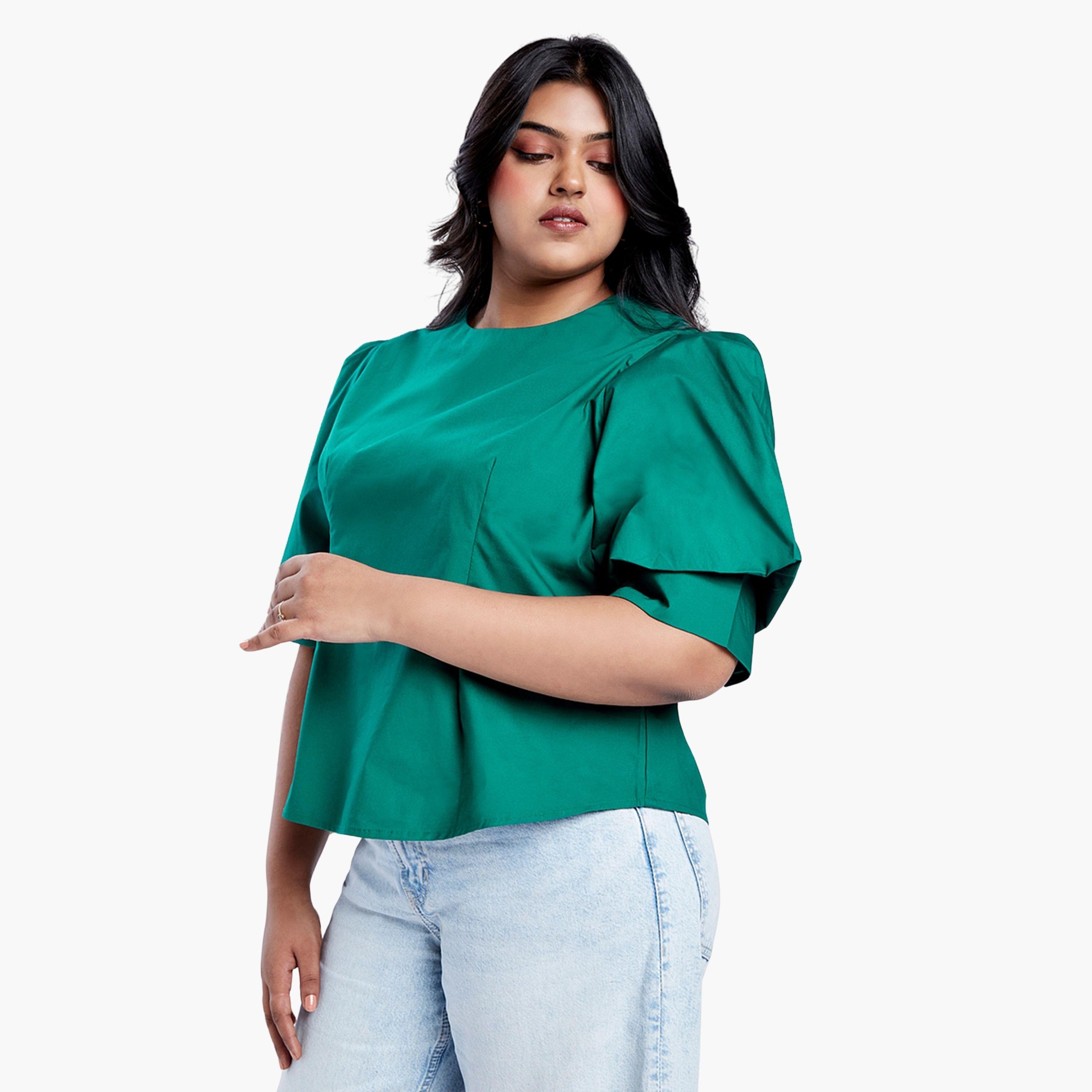 Globus X Styli Plus Size Emerald Green Top with Puff Sleeves-women-clothing-shirtsandblouses-blouses-image-1