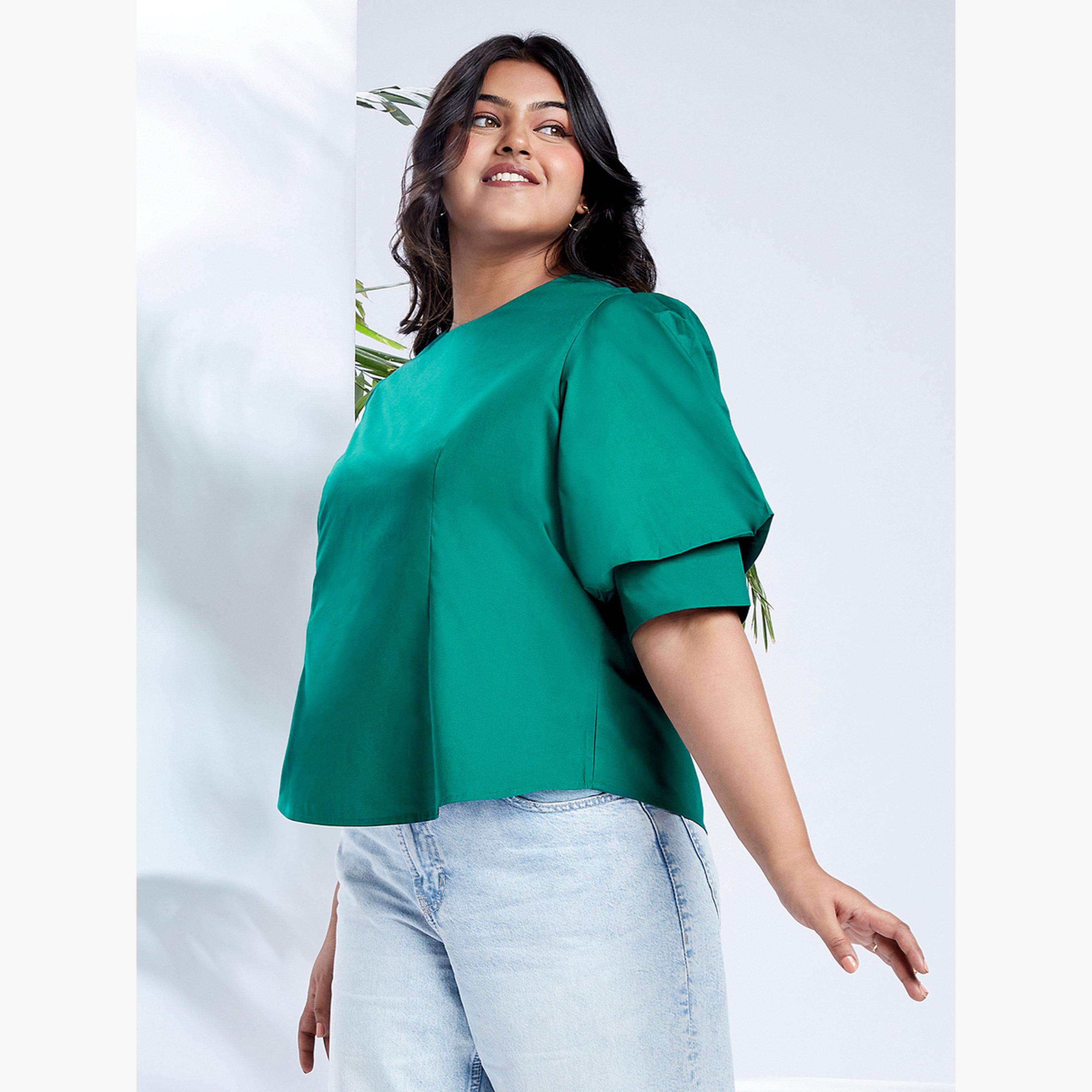 Globus X Styli Plus Size Emerald Green Top with Puff Sleeves-women-clothing-shirtsandblouses-blouses-image-2