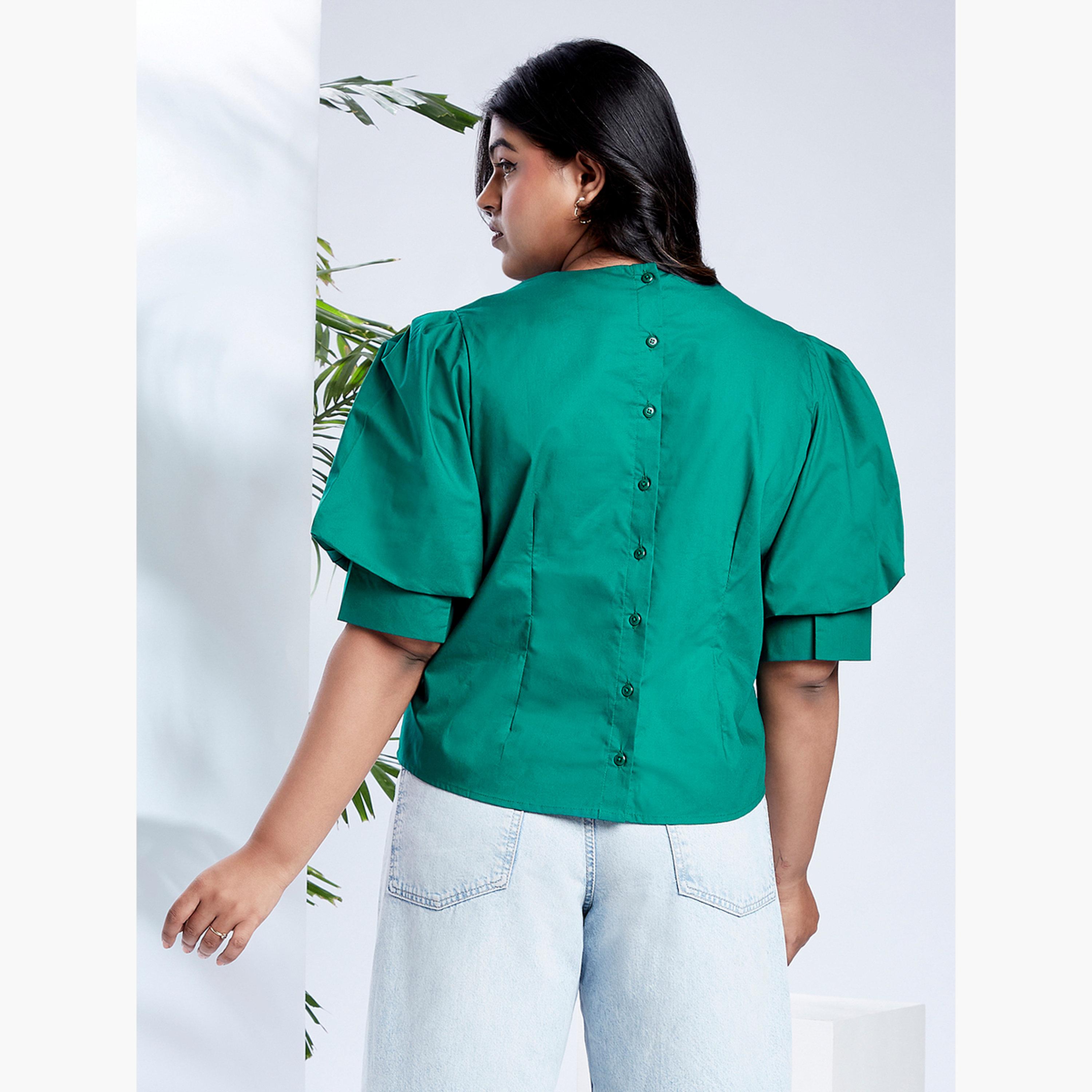 Globus X Styli Plus Size Emerald Green Top with Puff Sleeves-women-clothing-shirtsandblouses-blouses-image-3