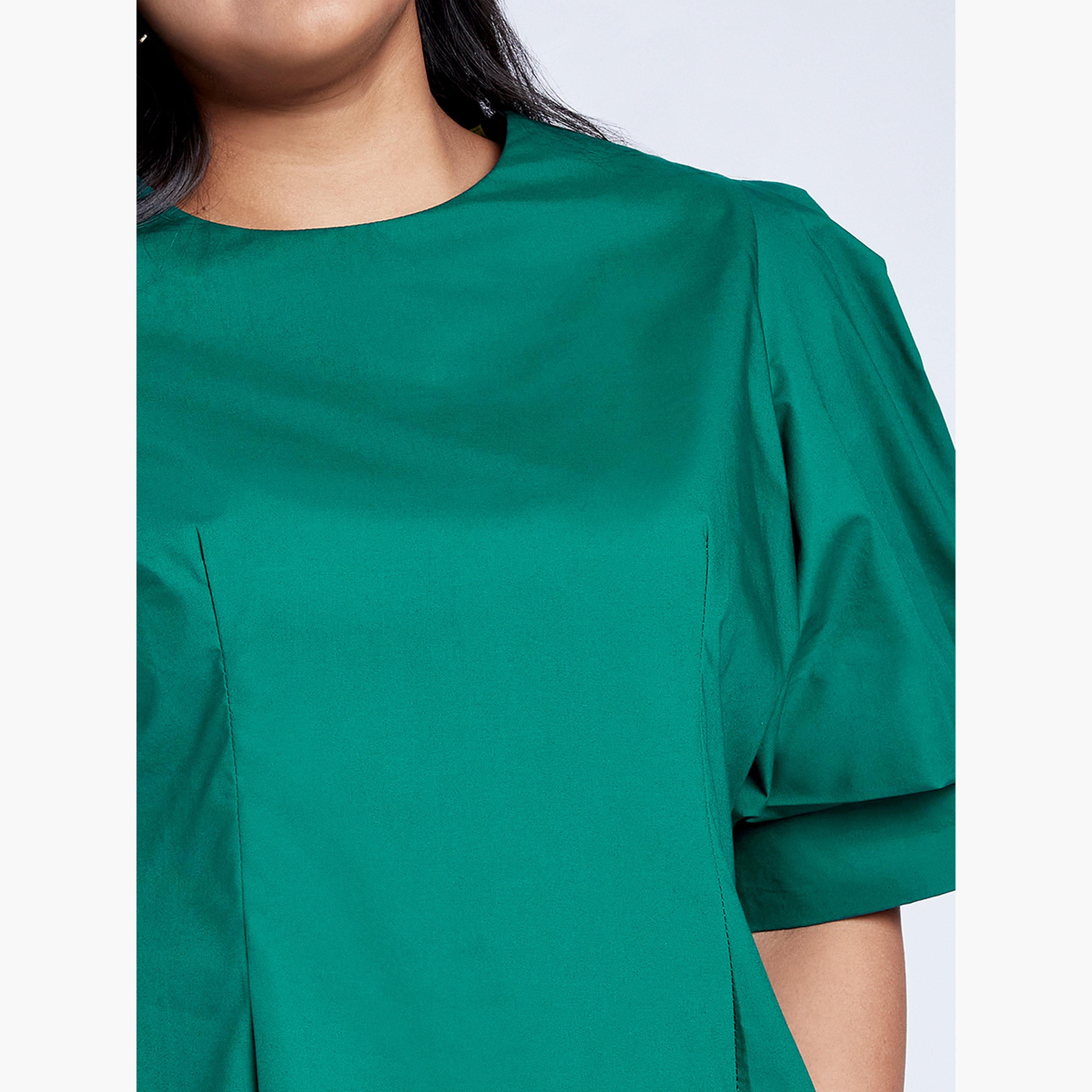 Globus X Styli Plus Size Emerald Green Top with Puff Sleeves-women-clothing-shirtsandblouses-blouses-image-4