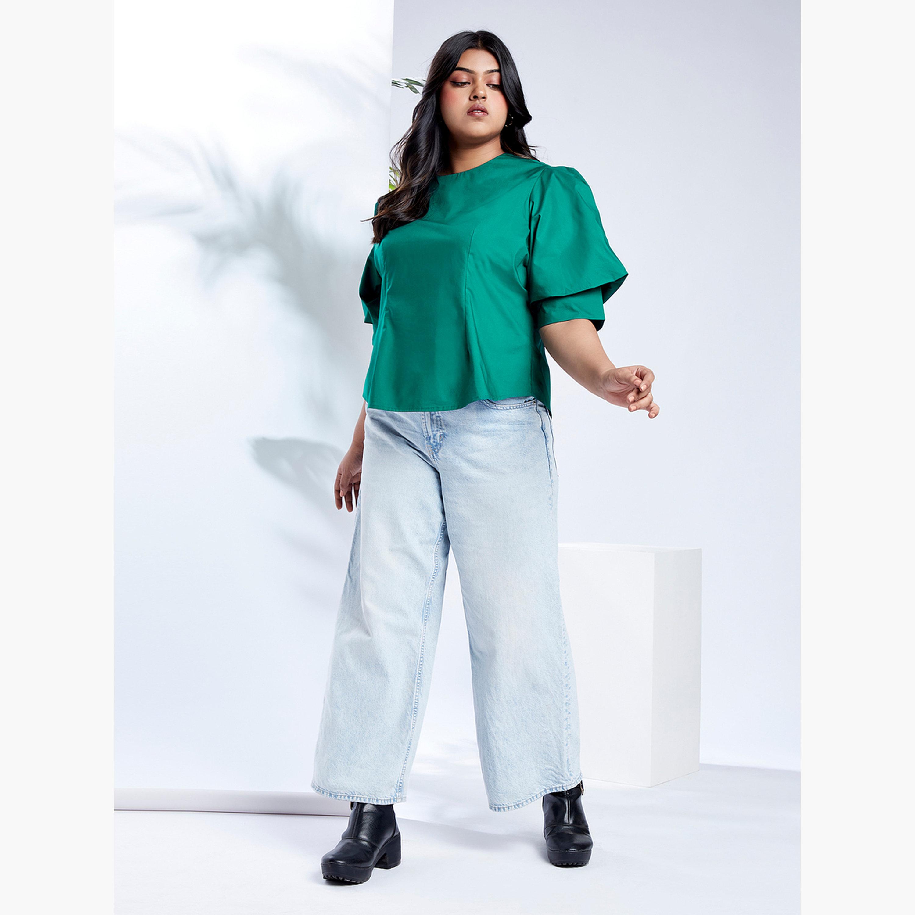 Globus X Styli Plus Size Emerald Green Top with Puff Sleeves-women-clothing-shirtsandblouses-blouses-image-5