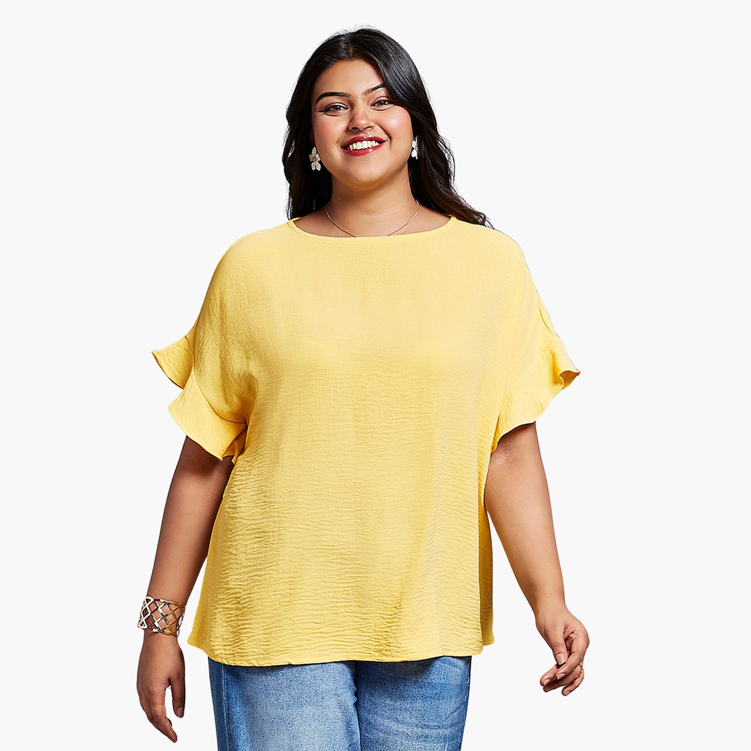 Globus X Styli Plus Size Yellow Ruffle Sleeve Top-women-clothing-shirtsandblouses-blouses-image-1