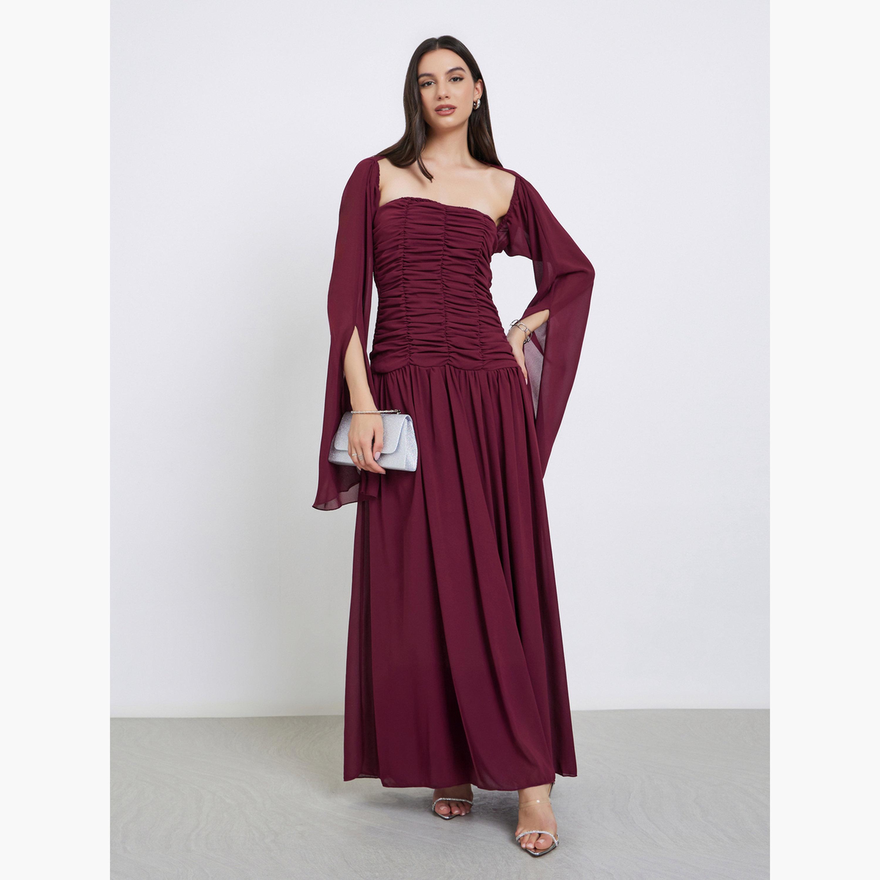 ستايلي - طقم فستان ماكسي بياقة دائرية وأكمام كاب للنساء-women-clothing-dresses-image-1