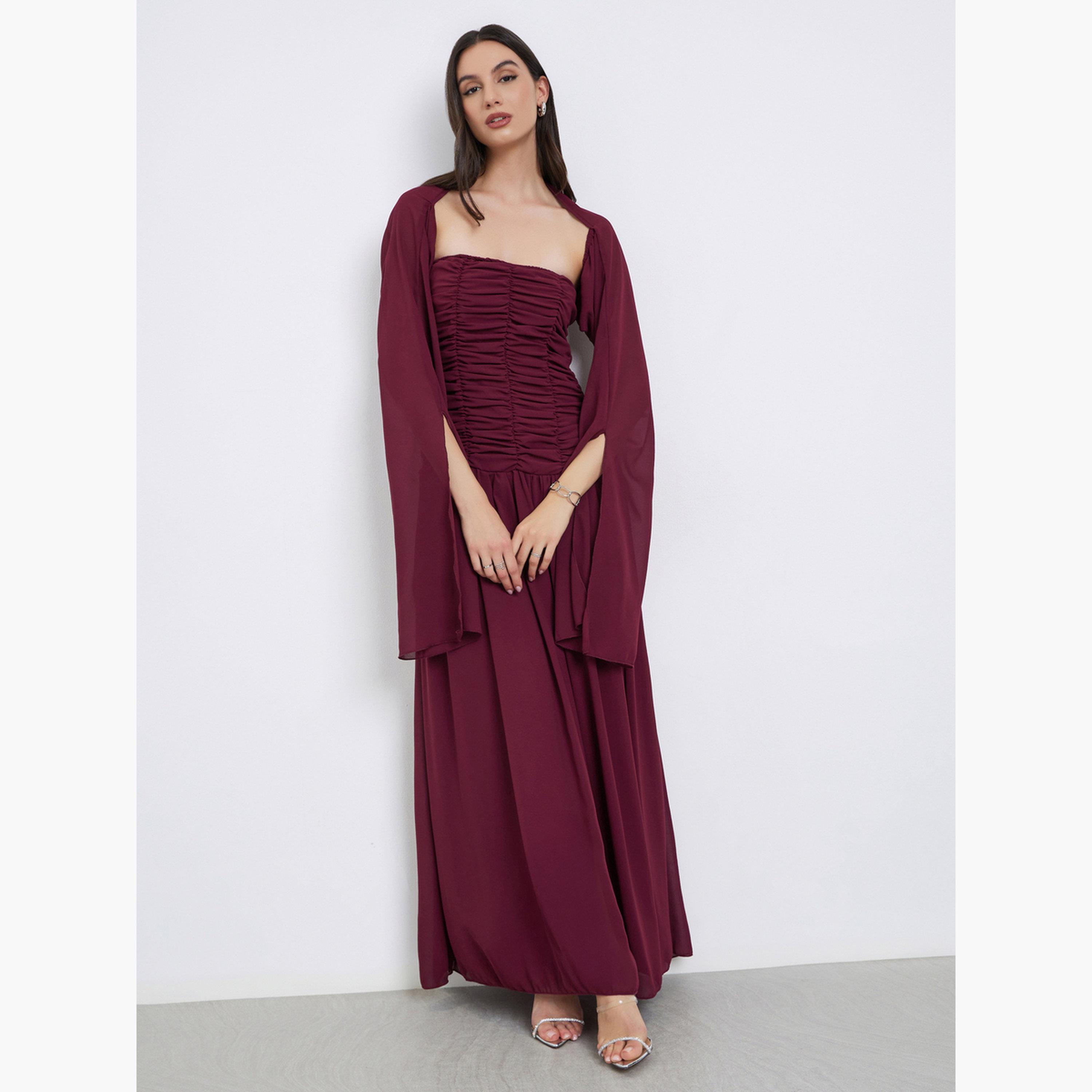ستايلي - طقم فستان ماكسي بياقة دائرية وأكمام كاب للنساء-women-clothing-dresses-image-2