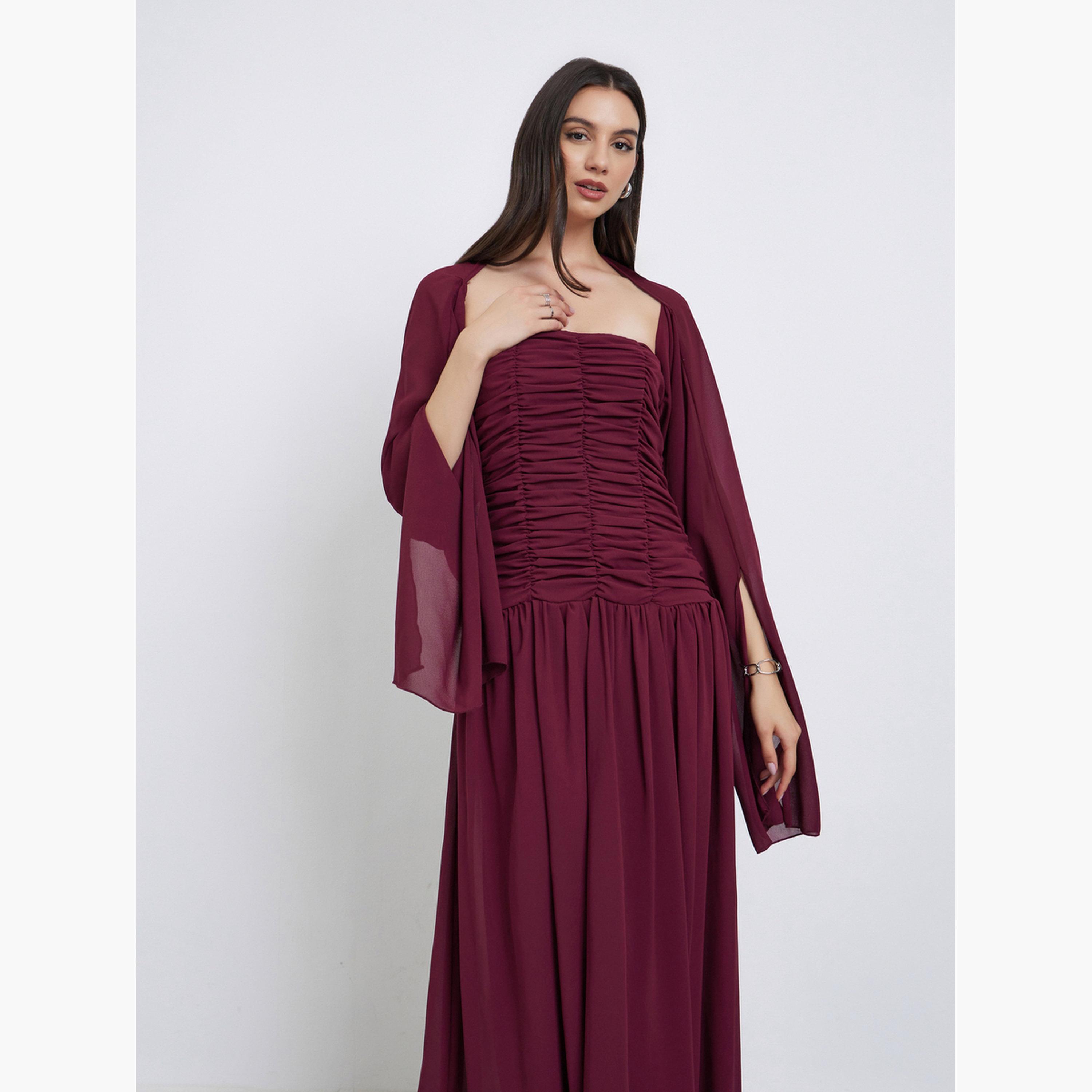ستايلي - طقم فستان ماكسي بياقة دائرية وأكمام كاب للنساء-women-clothing-dresses-image-3