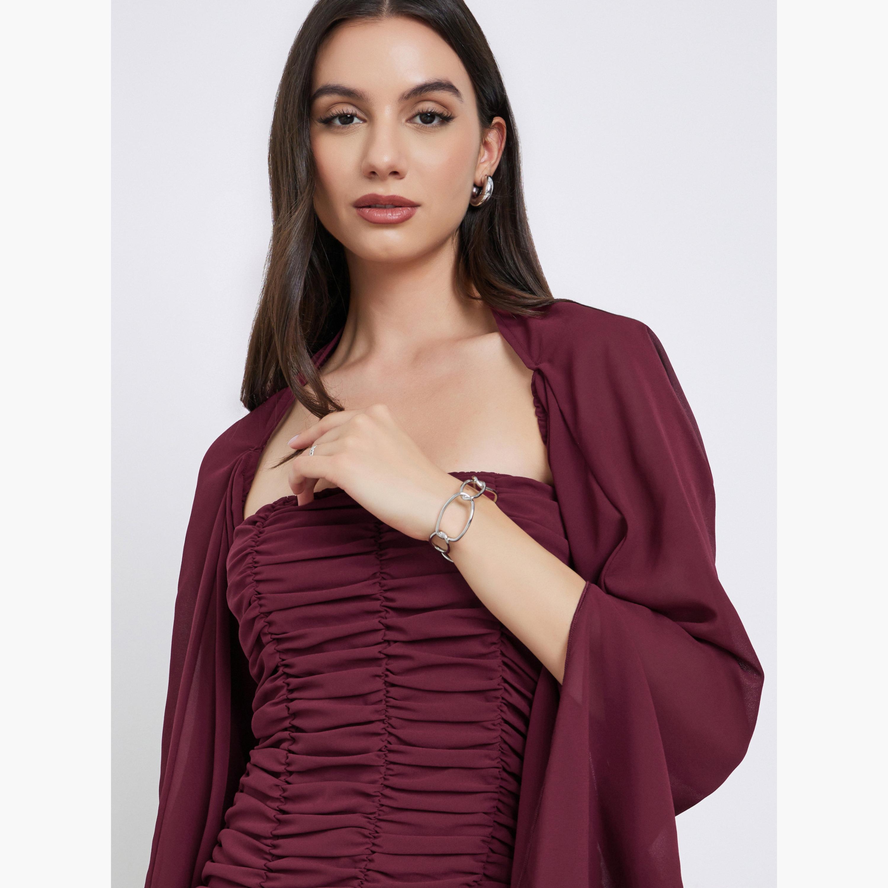 ستايلي - طقم فستان ماكسي بياقة دائرية وأكمام كاب للنساء-women-clothing-dresses-image-5