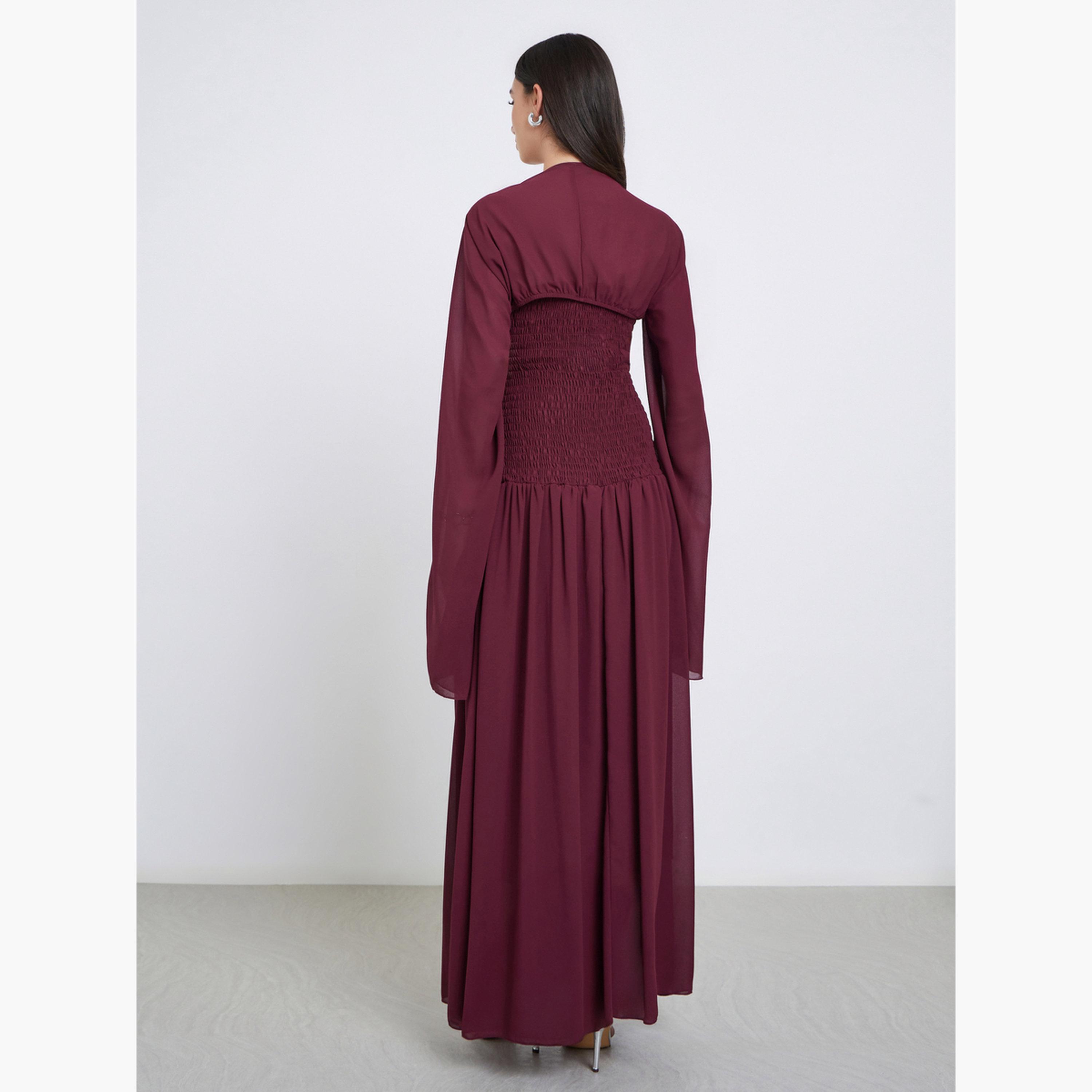 ستايلي - طقم فستان ماكسي بياقة دائرية وأكمام كاب للنساء-women-clothing-dresses-image-6