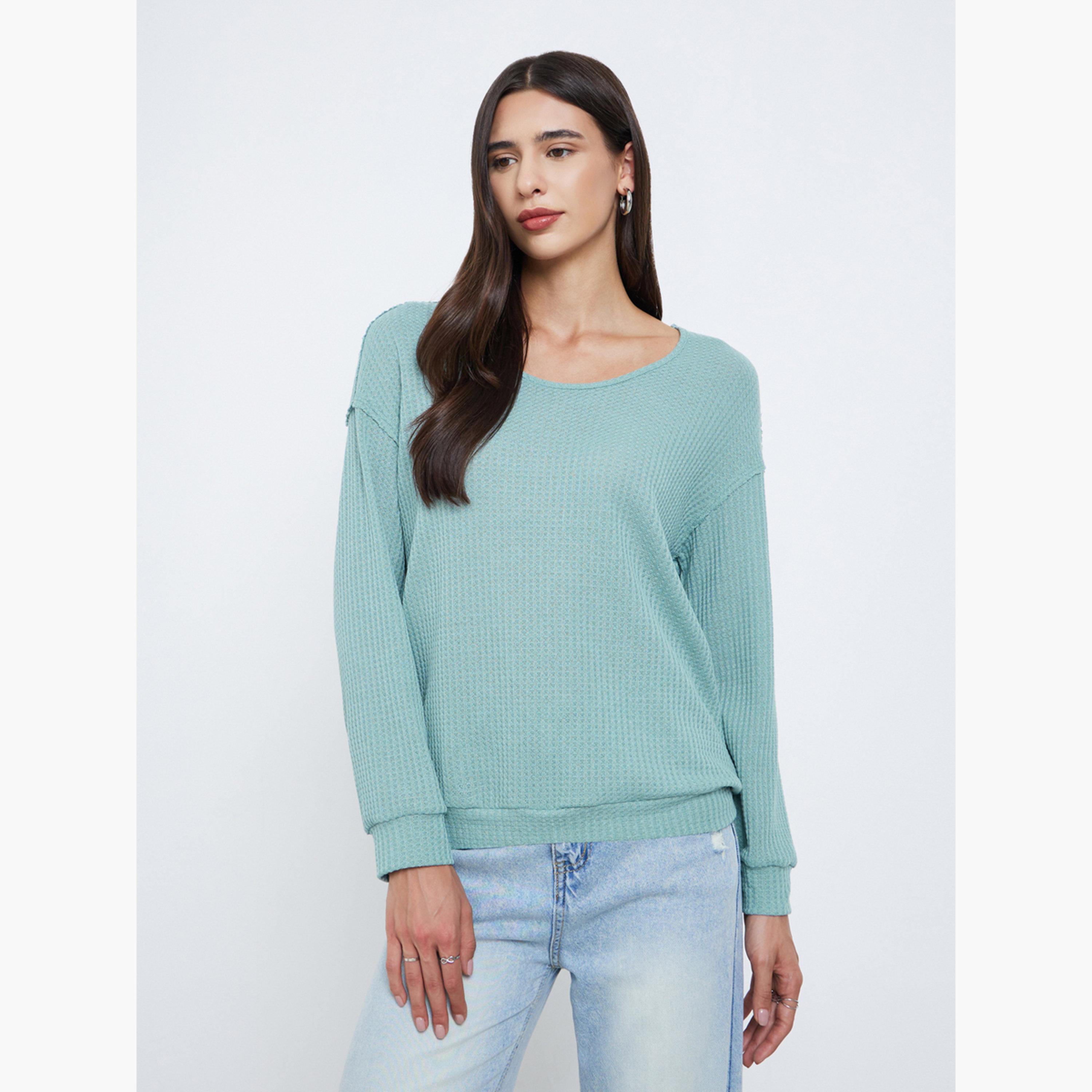 ستايلي - سويت شيرت أخضر محبوك بنقشة الوافل مع كتف منسدلة للنساء -women-clothing-hoodiesandsweatshirts-sweatshirts-image-1
