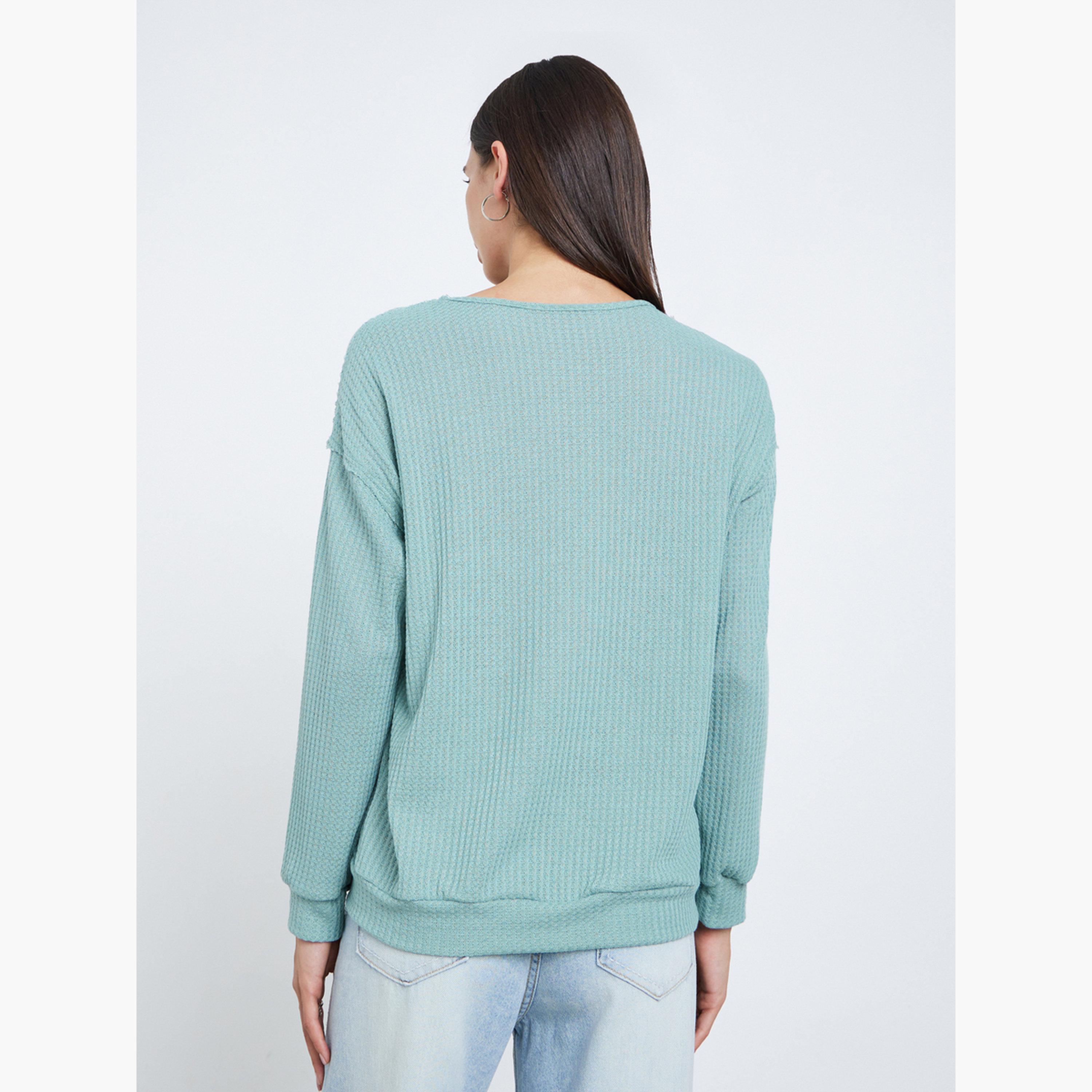 ستايلي - سويت شيرت أخضر محبوك بنقشة الوافل مع كتف منسدلة للنساء -women-clothing-hoodiesandsweatshirts-sweatshirts-image-3