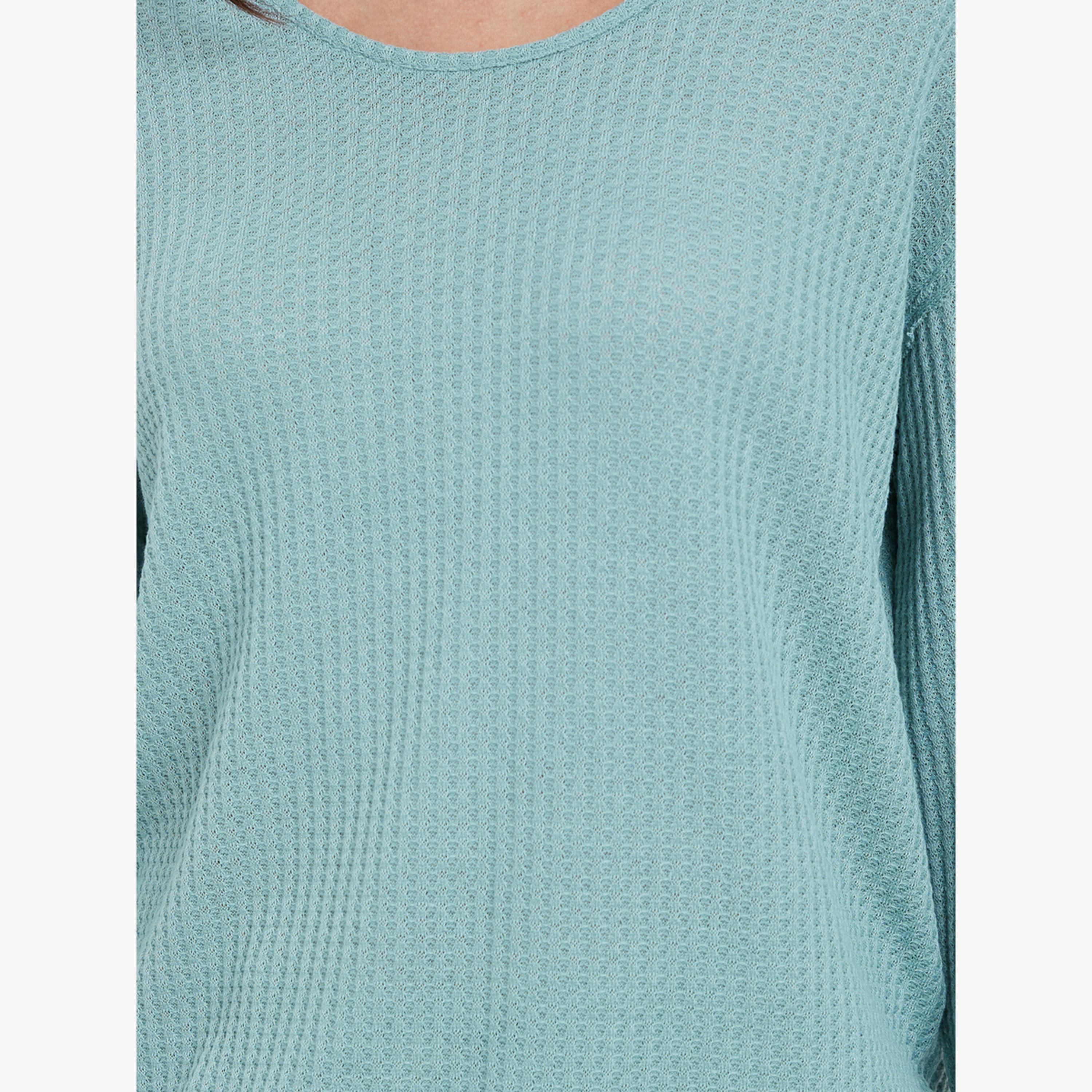 ستايلي - سويت شيرت أخضر محبوك بنقشة الوافل مع كتف منسدلة للنساء -women-clothing-hoodiesandsweatshirts-sweatshirts-image-4