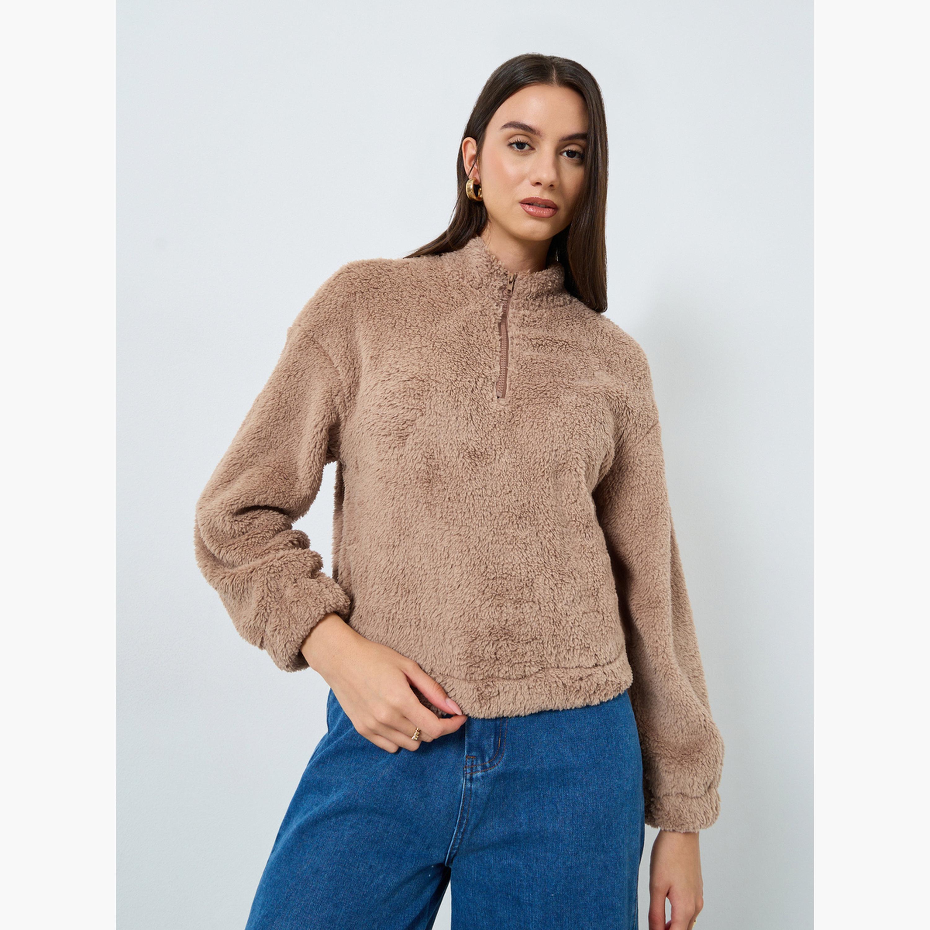 ستايلي - سويت شيرت من الصوف البيج بسحاب ربع للنساء -women-clothing-hoodiesandsweatshirts-sweatshirts-image-1