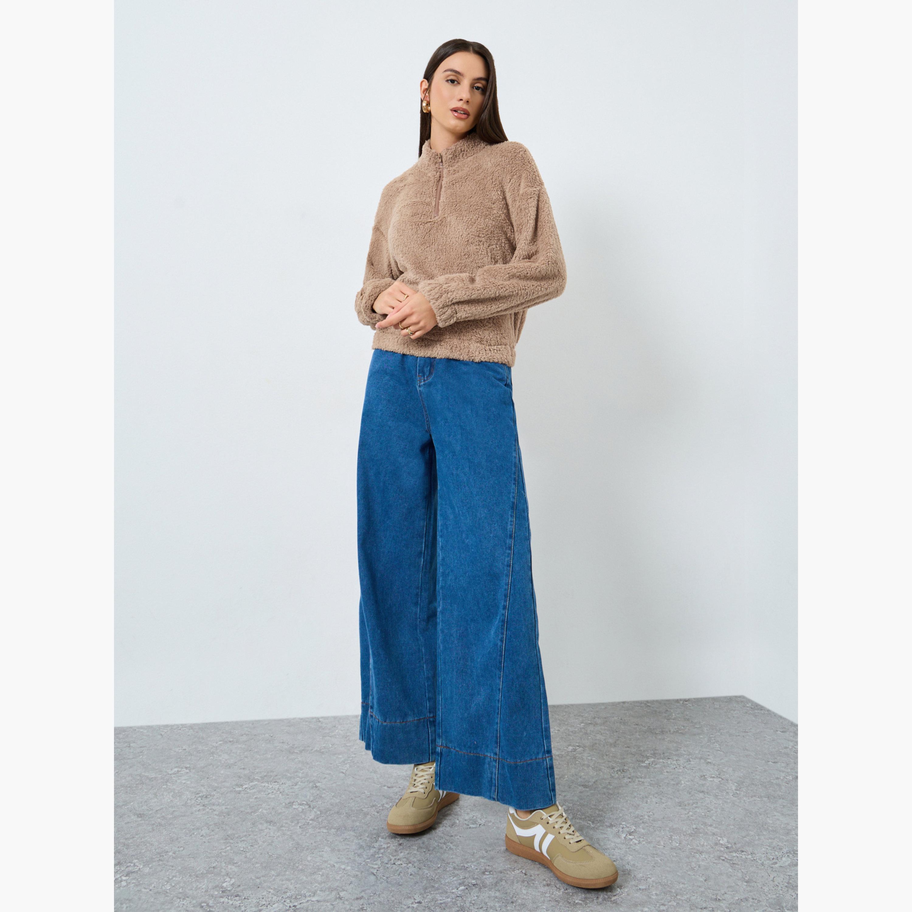 ستايلي - سويت شيرت من الصوف البيج بسحاب ربع للنساء -women-clothing-hoodiesandsweatshirts-sweatshirts-image-2