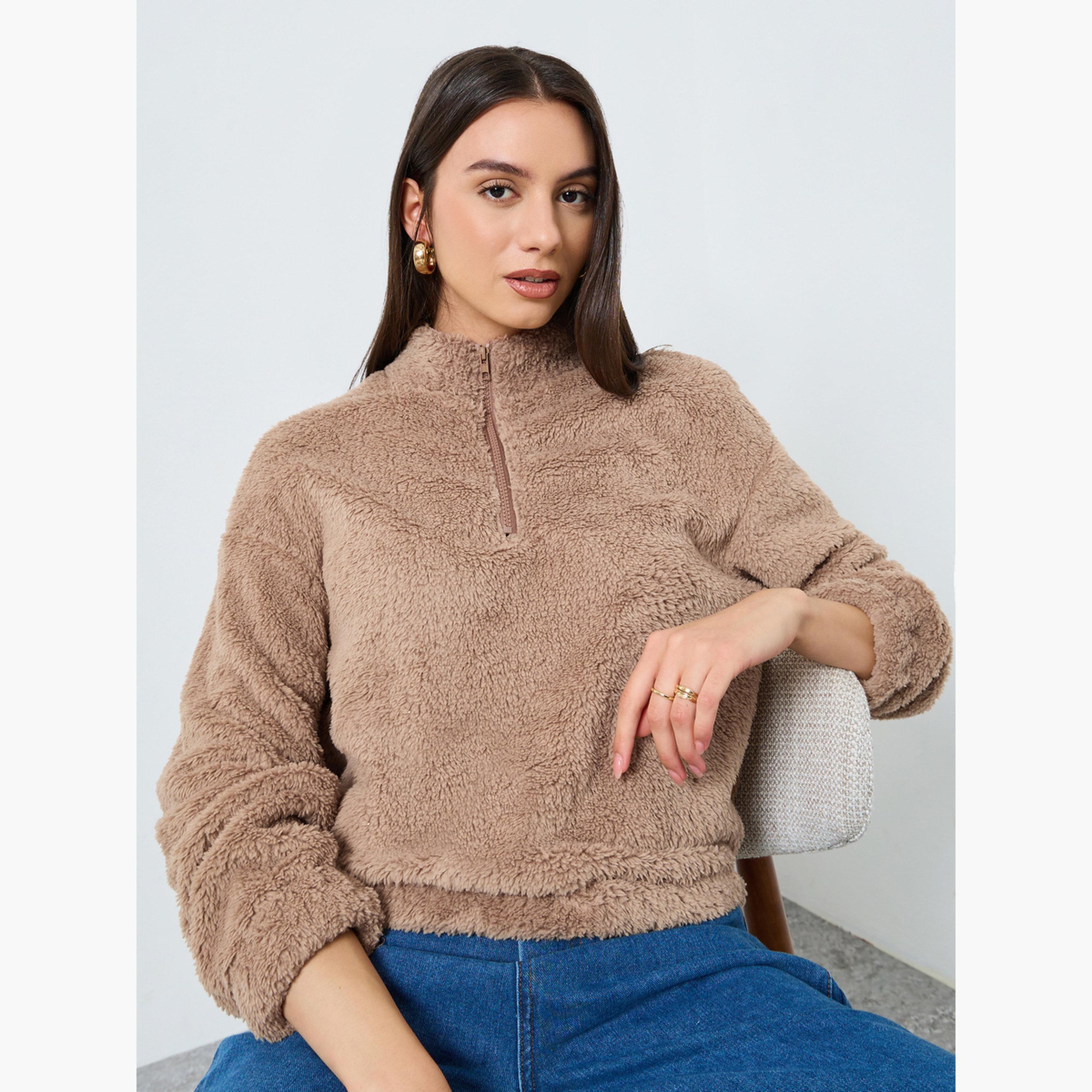 ستايلي - سويت شيرت من الصوف البيج بسحاب ربع للنساء -women-clothing-hoodiesandsweatshirts-sweatshirts-image-3