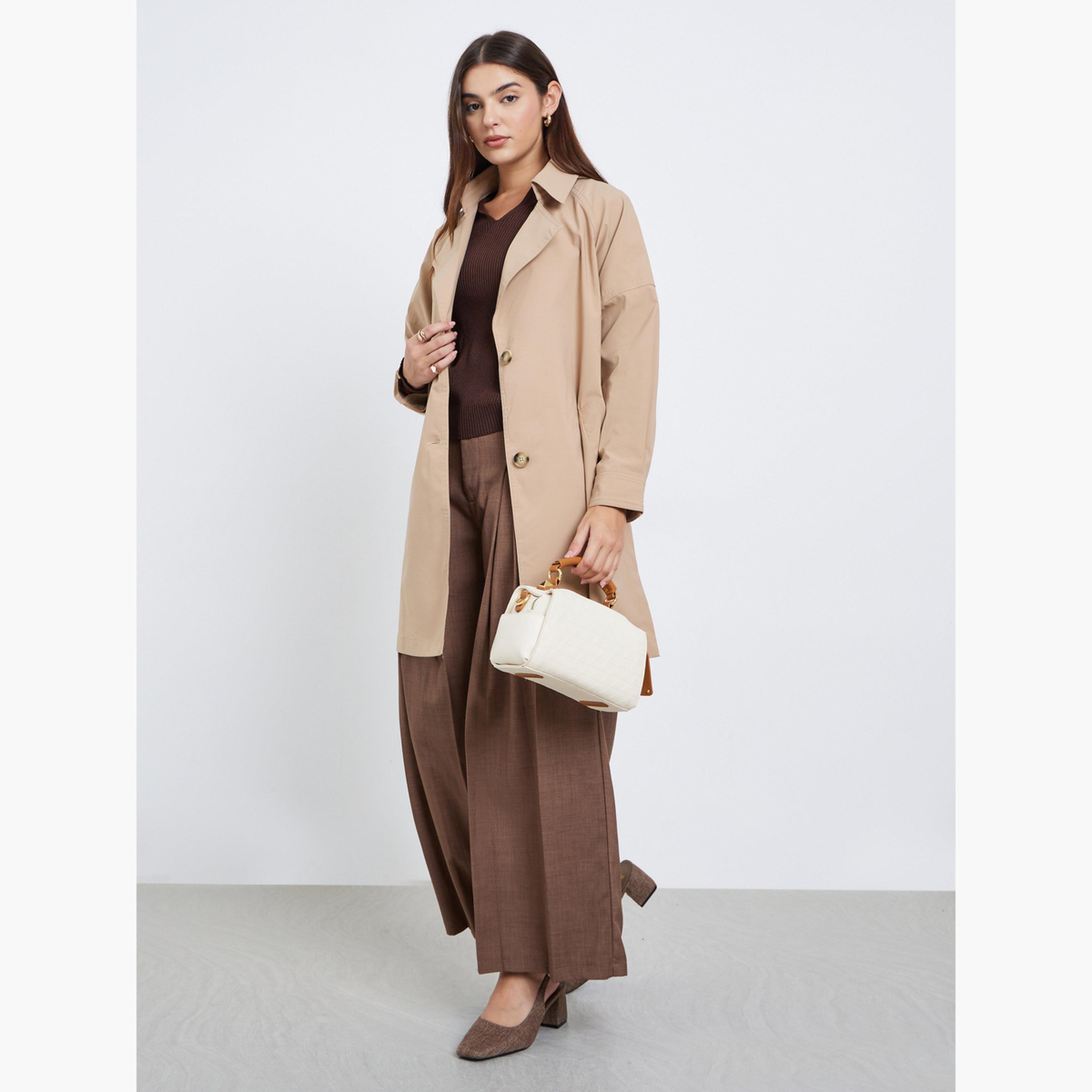 Styli Women Beige Longline Buttoned Trench Coat-women-winterwear-coatsandjackets-coats-image-2