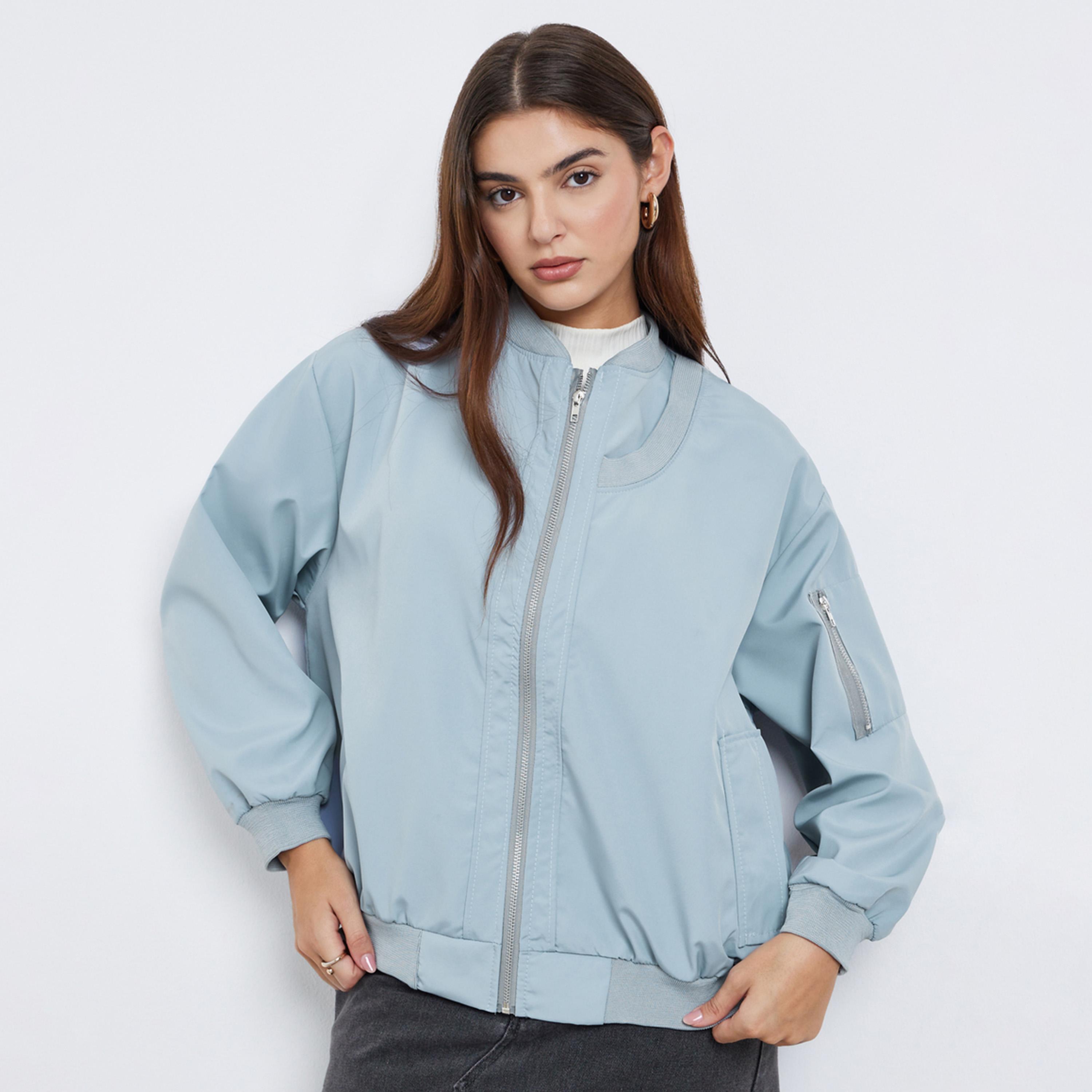 Styli Solid Round Neck Long Sleeves Women's Zip Through Bomber Jacket-women-winterwear-coatsandjackets-jackets-image-1