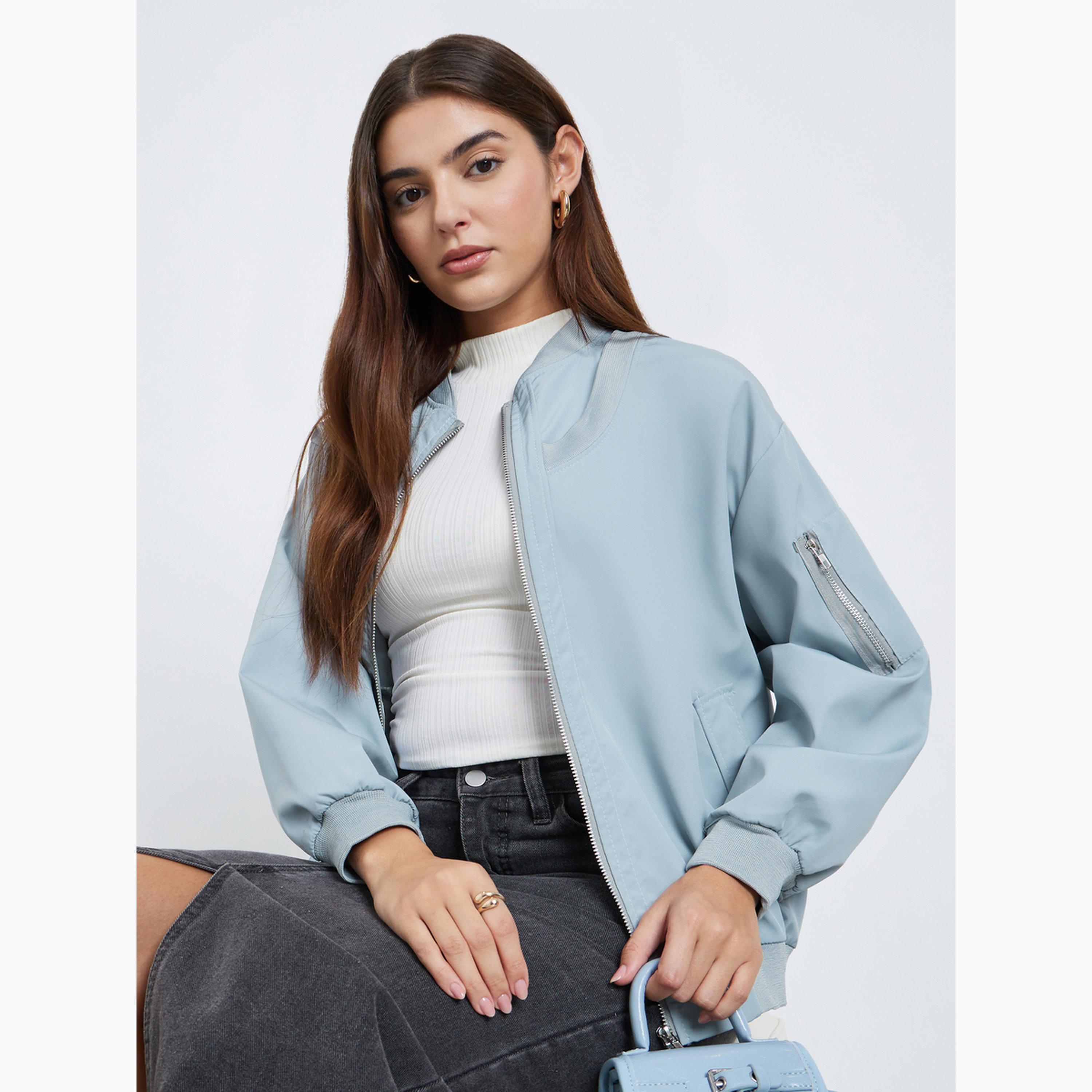 Styli Solid Round Neck Long Sleeves Women's Zip Through Bomber Jacket-women-winterwear-coatsandjackets-jackets-image-3