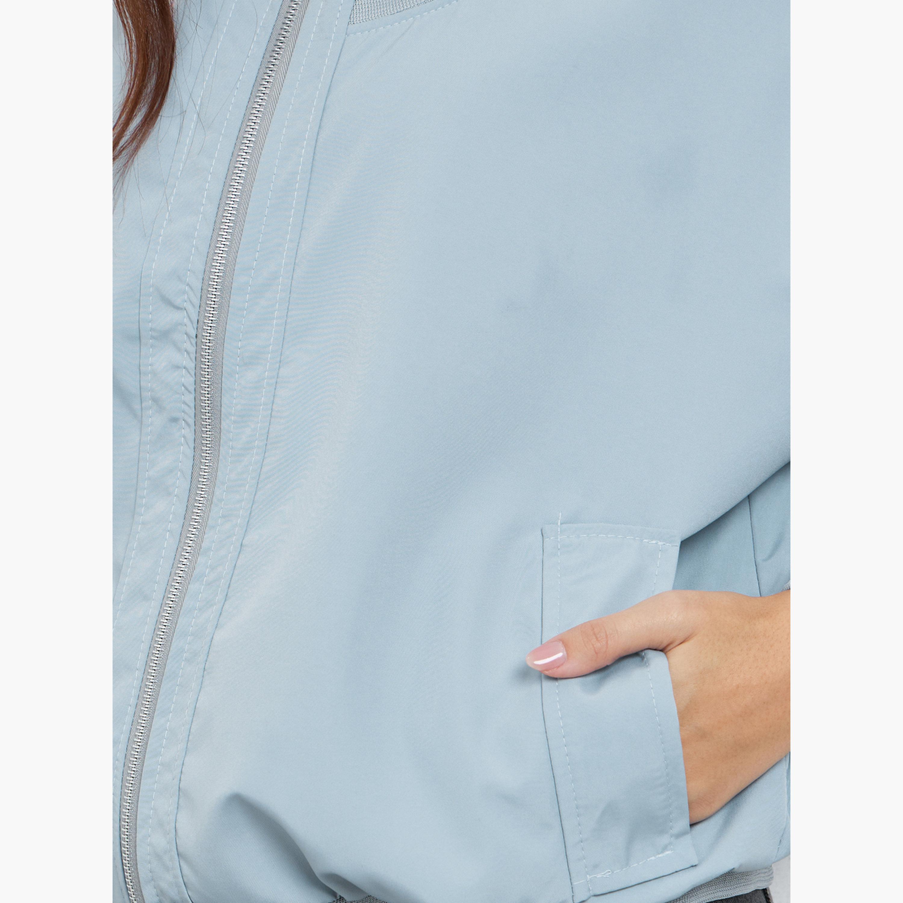 Styli Solid Round Neck Long Sleeves Women's Zip Through Bomber Jacket-women-winterwear-coatsandjackets-jackets-image-4