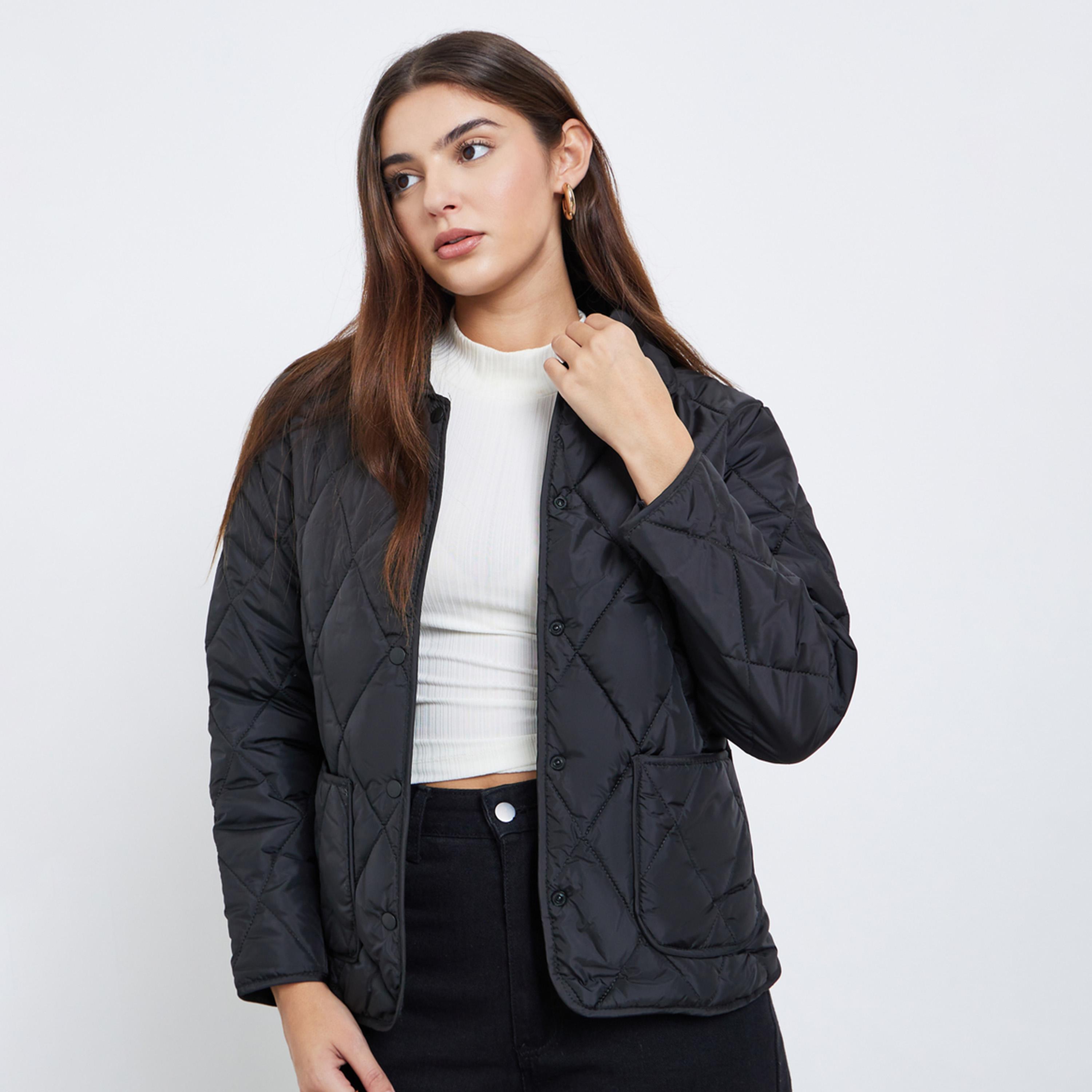 Styli Quilted Collared Long Sleeves Women's Snap Button Padded Jacket-women-winterwear-coatsandjackets-jackets-image-1