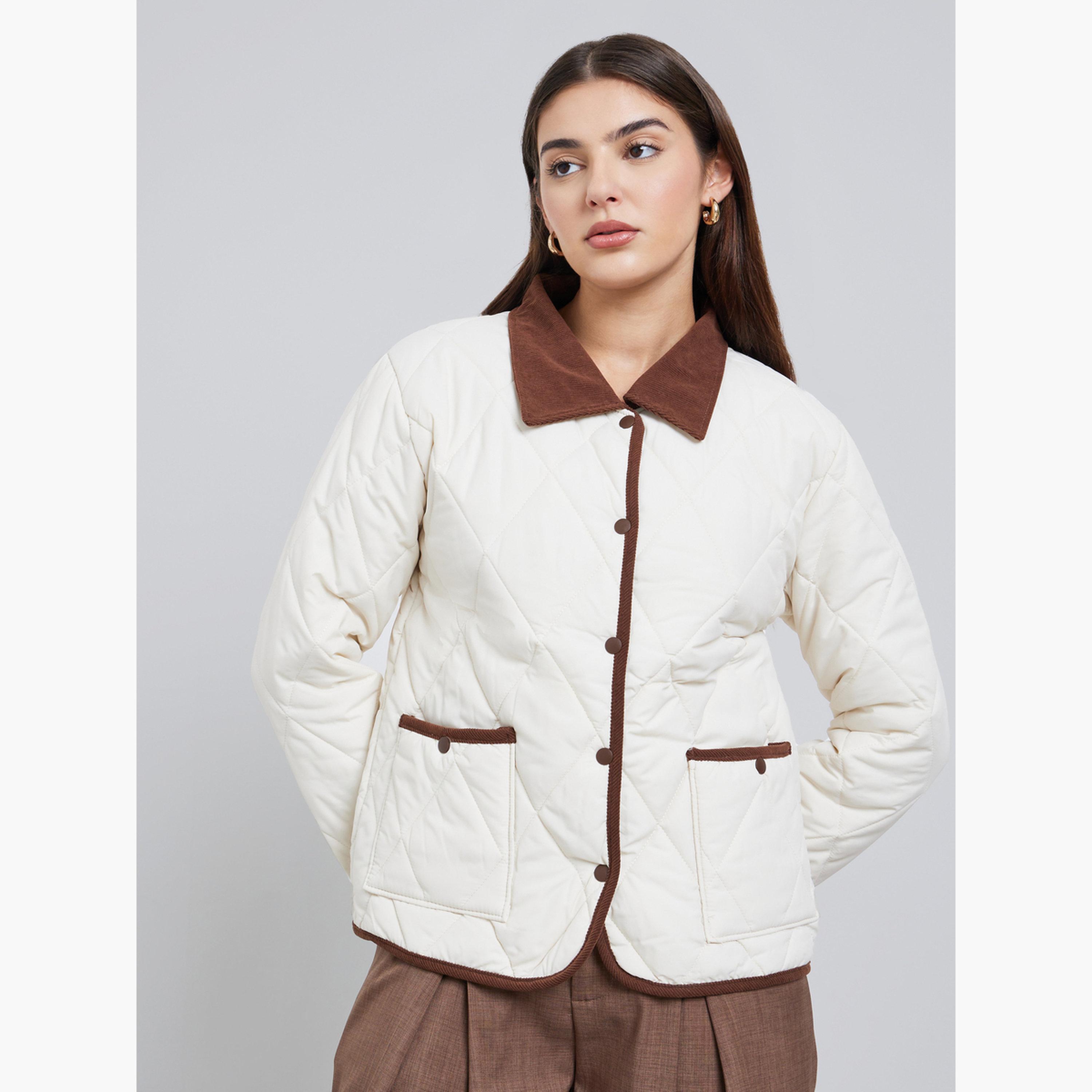 Styli Quilted Collared Long Sleeves Women's Button Through Padded Jacket-women-winterwear-coatsandjackets-jackets-image-1
