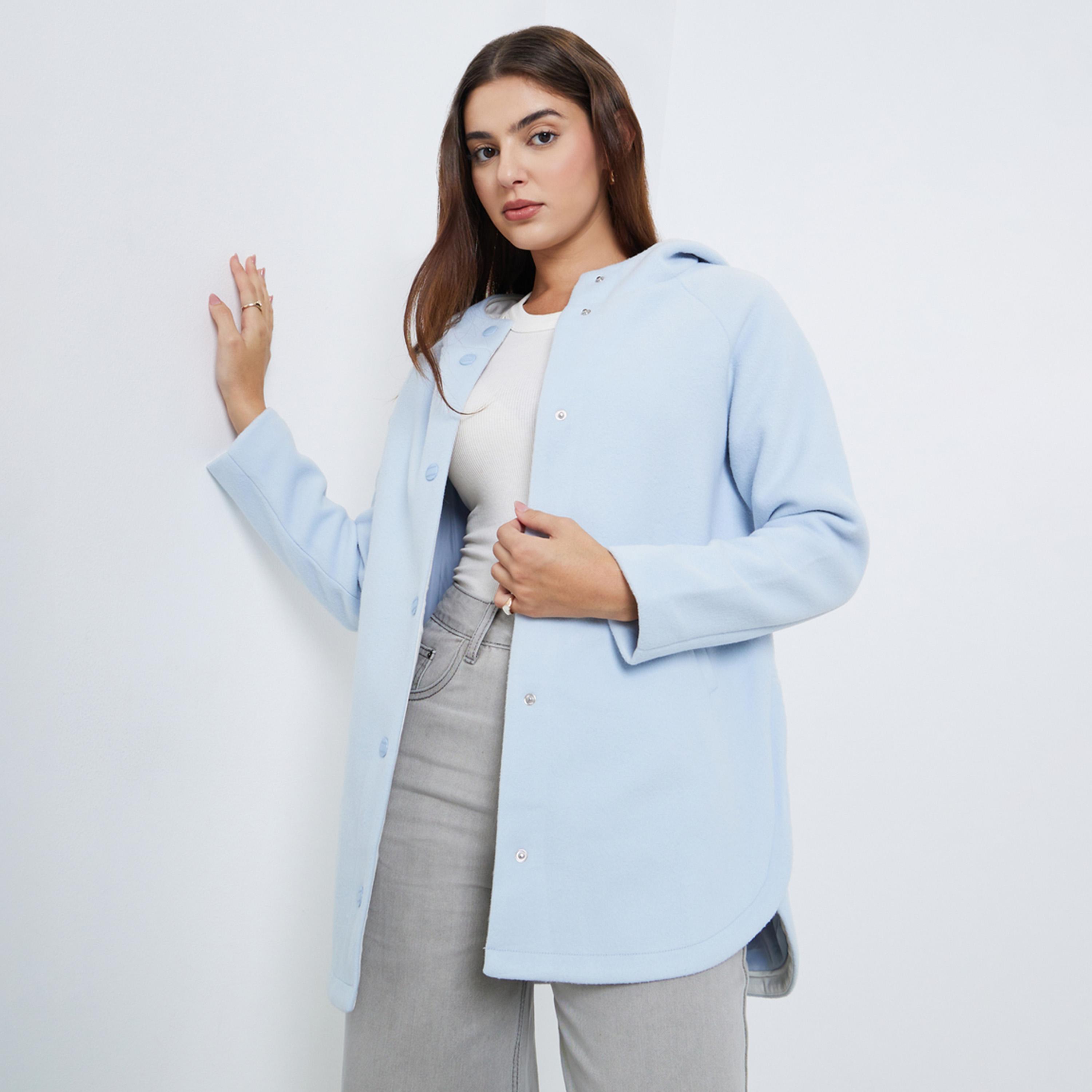 Styli Solid Hooded Neck Long Sleeves Women's Snap Button Jacket-women-clothing-coatsandjackets-coats-image-1
