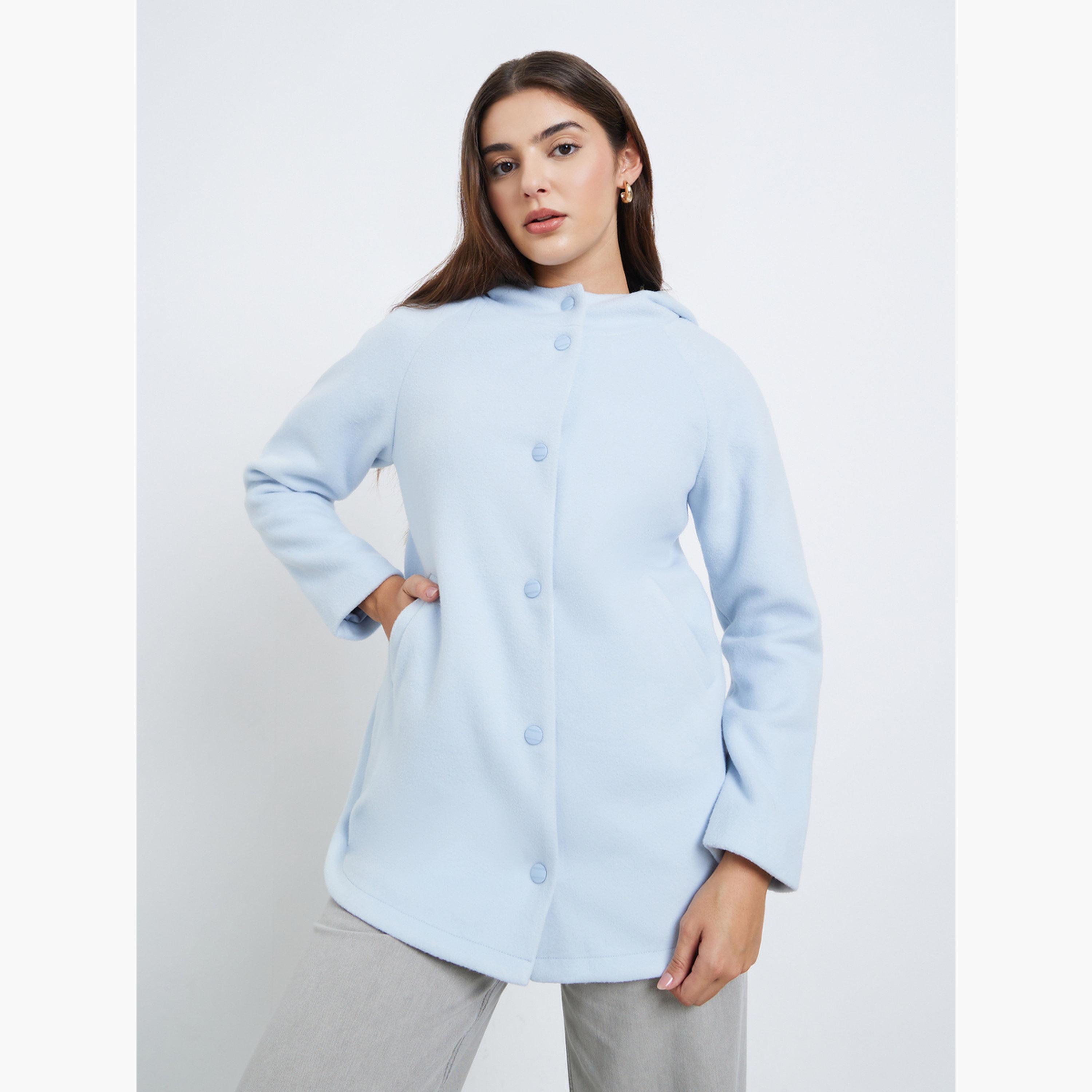 Styli Solid Hooded Neck Long Sleeves Women's Snap Button Jacket-women-clothing-coatsandjackets-coats-image-3