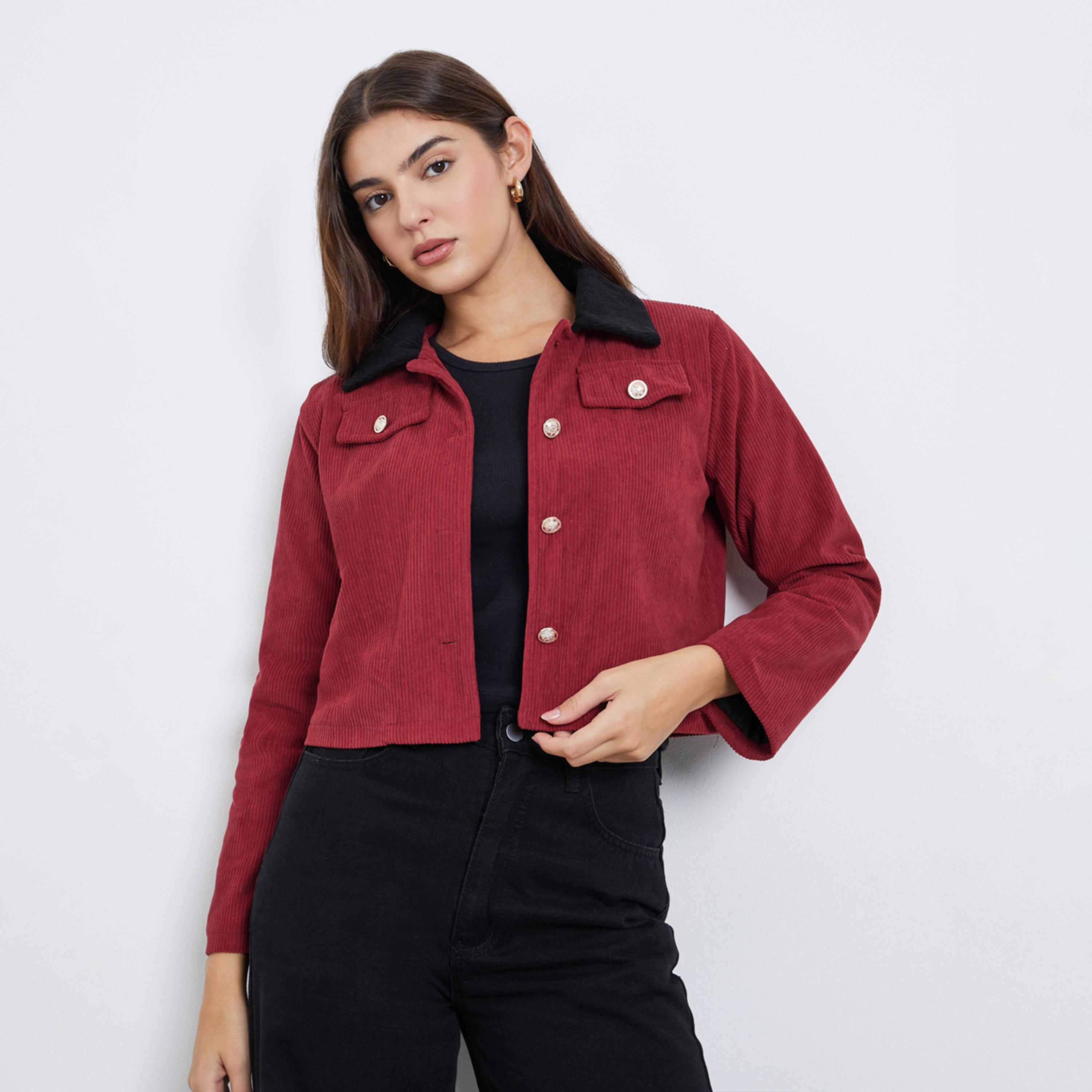 Styli Solid Collared Long Sleeves Women's Button Through Cropped Jacket-women-winterwear-coatsandjackets-jackets-image-1