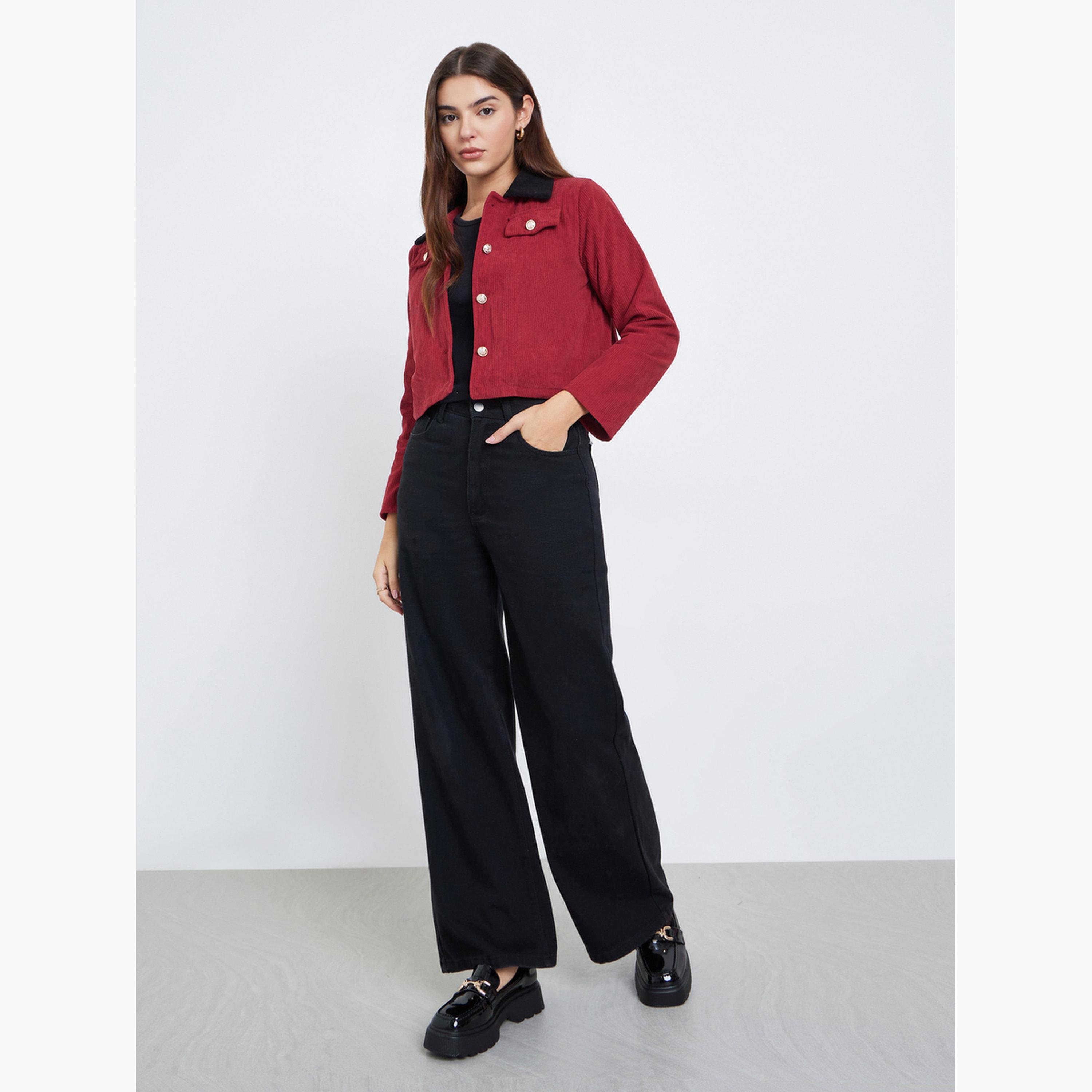 Styli Solid Collared Long Sleeves Women's Button Through Cropped Jacket-women-winterwear-coatsandjackets-jackets-image-2