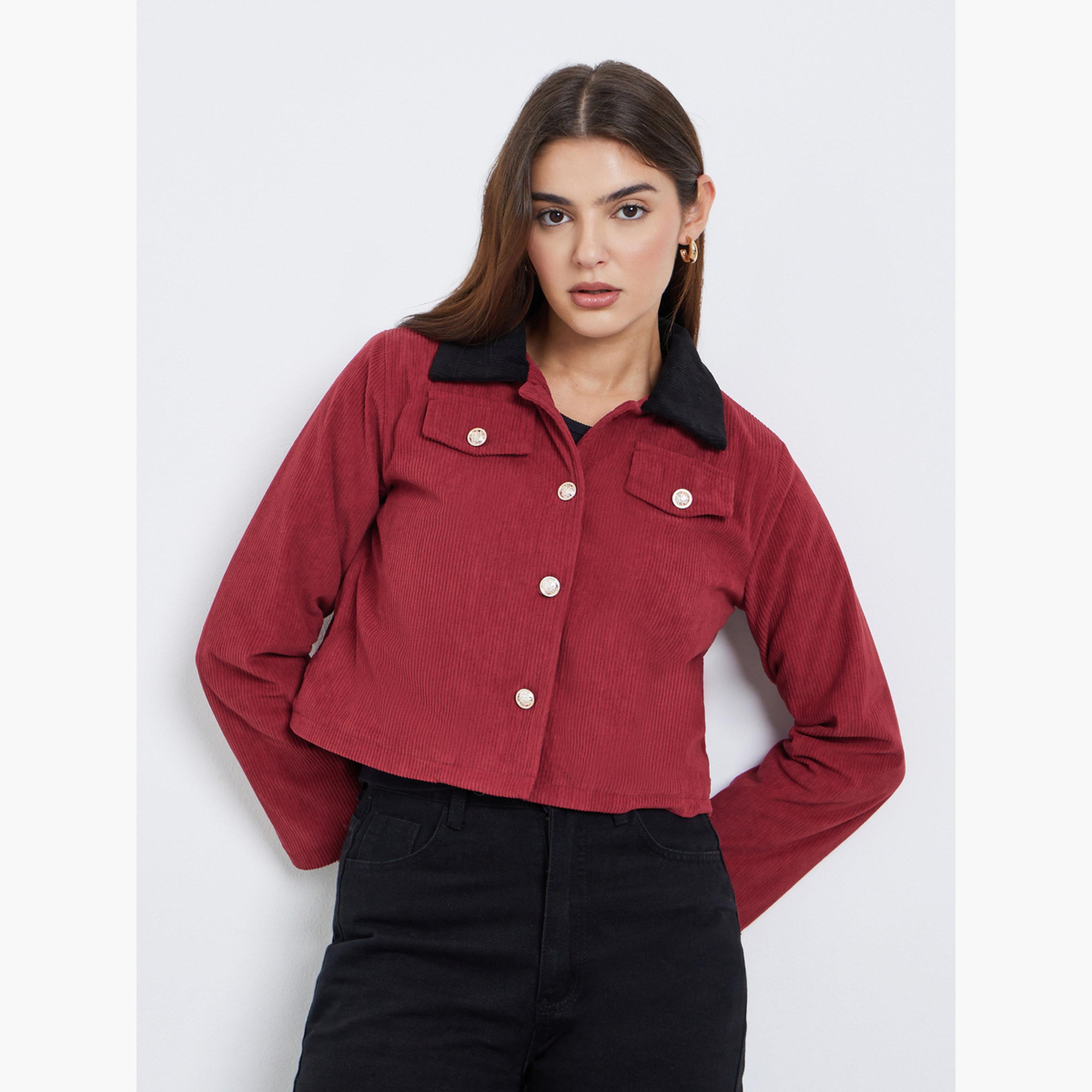 Styli Solid Collared Long Sleeves Women's Button Through Cropped Jacket-women-winterwear-coatsandjackets-jackets-image-3