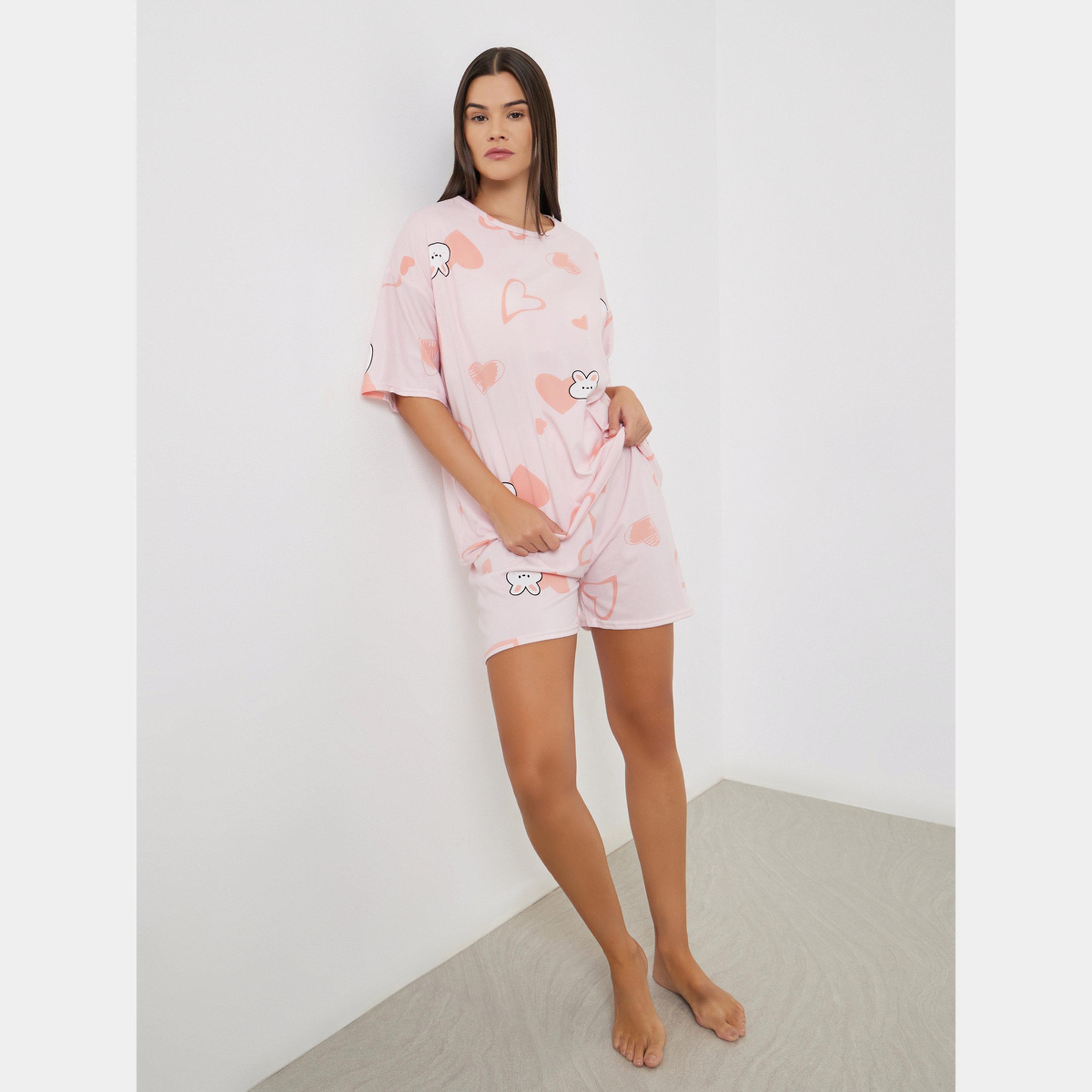 Styli Rabbit Print Short Sleeve T-Shirt and Shorts Set-women-clothing-nightwear-pyjamas-shortsets-image-1