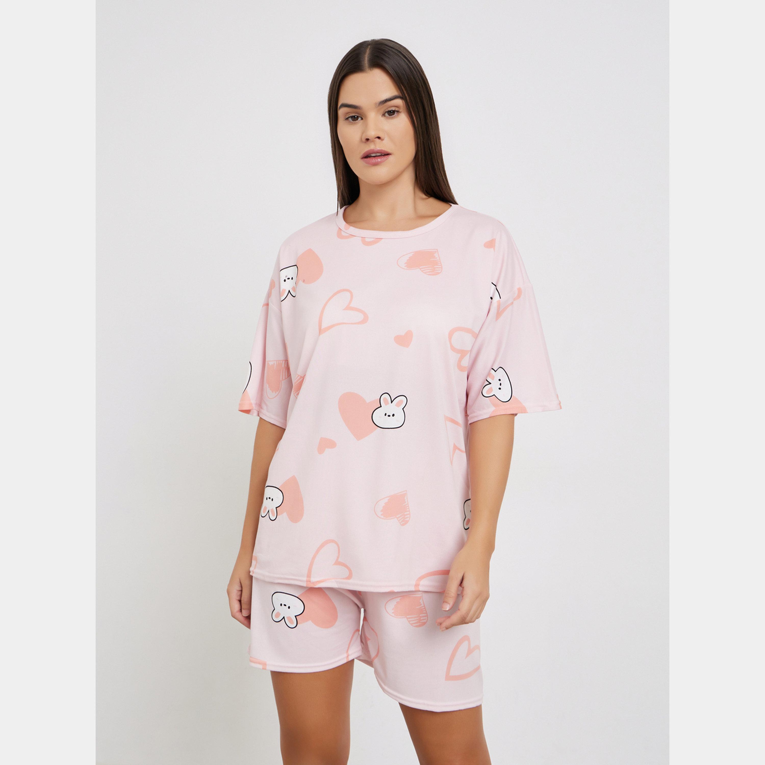 Styli Rabbit Print Short Sleeve T-Shirt and Shorts Set-women-clothing-nightwear-pyjamas-shortsets-image-2