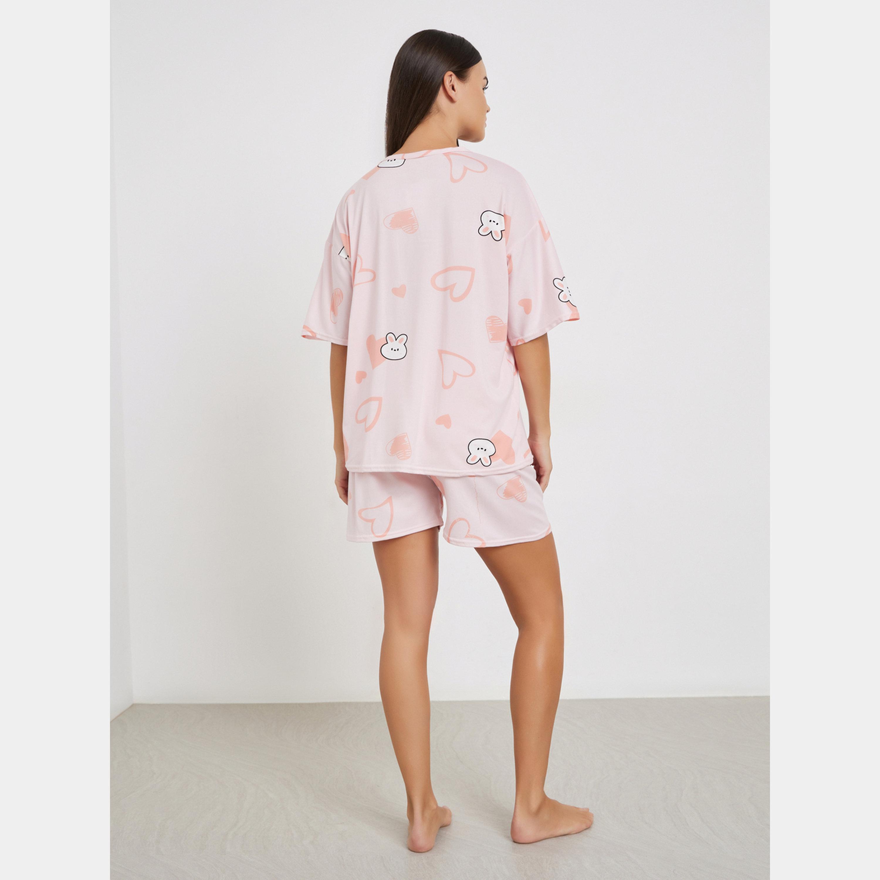 Styli Rabbit Print Short Sleeve T-Shirt and Shorts Set-women-clothing-nightwear-pyjamas-shortsets-image-5