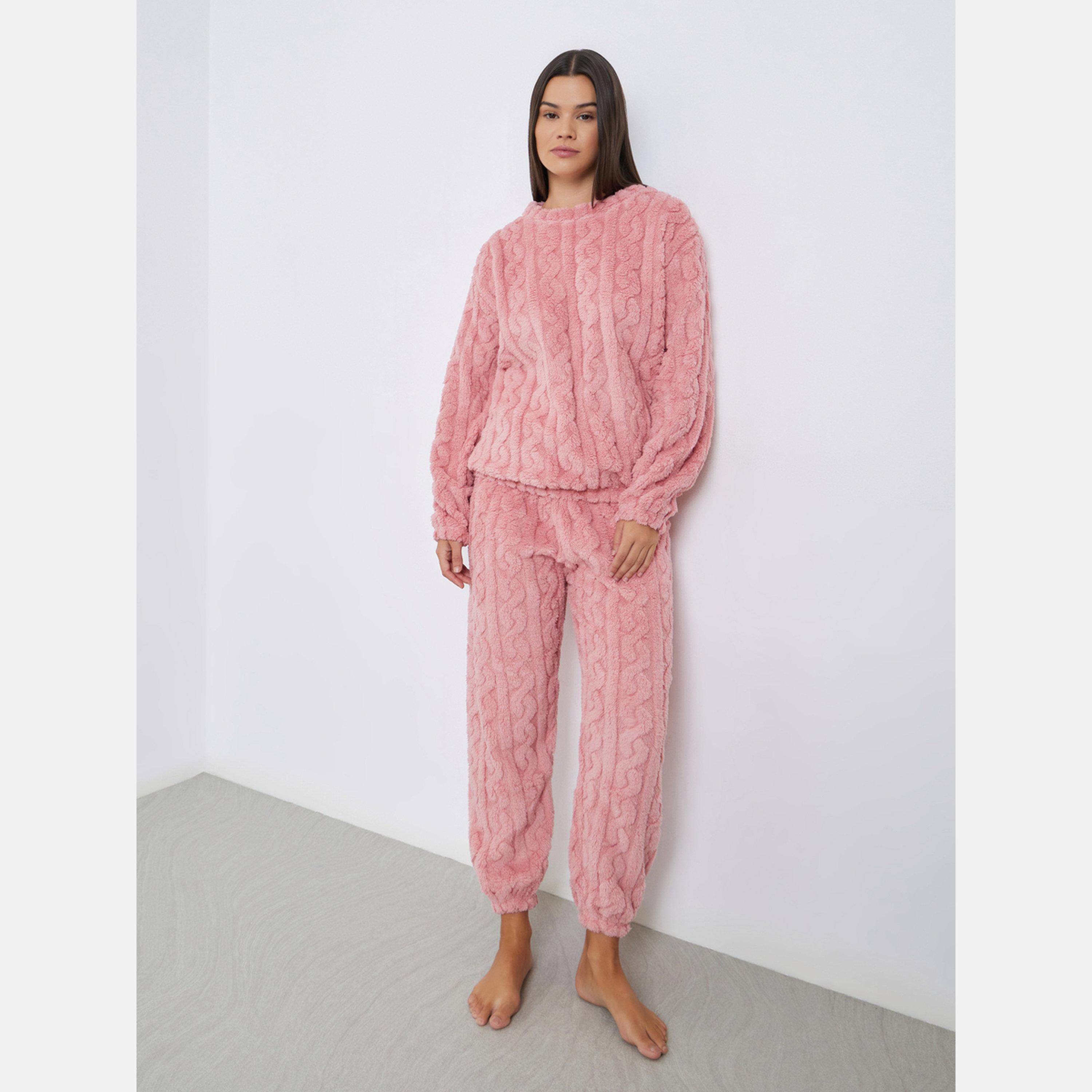 Styli Cable Knit Fleece Top and Cuffed Joggers Set-women-clothing-nightwear-pyjamas-longsets-image-1