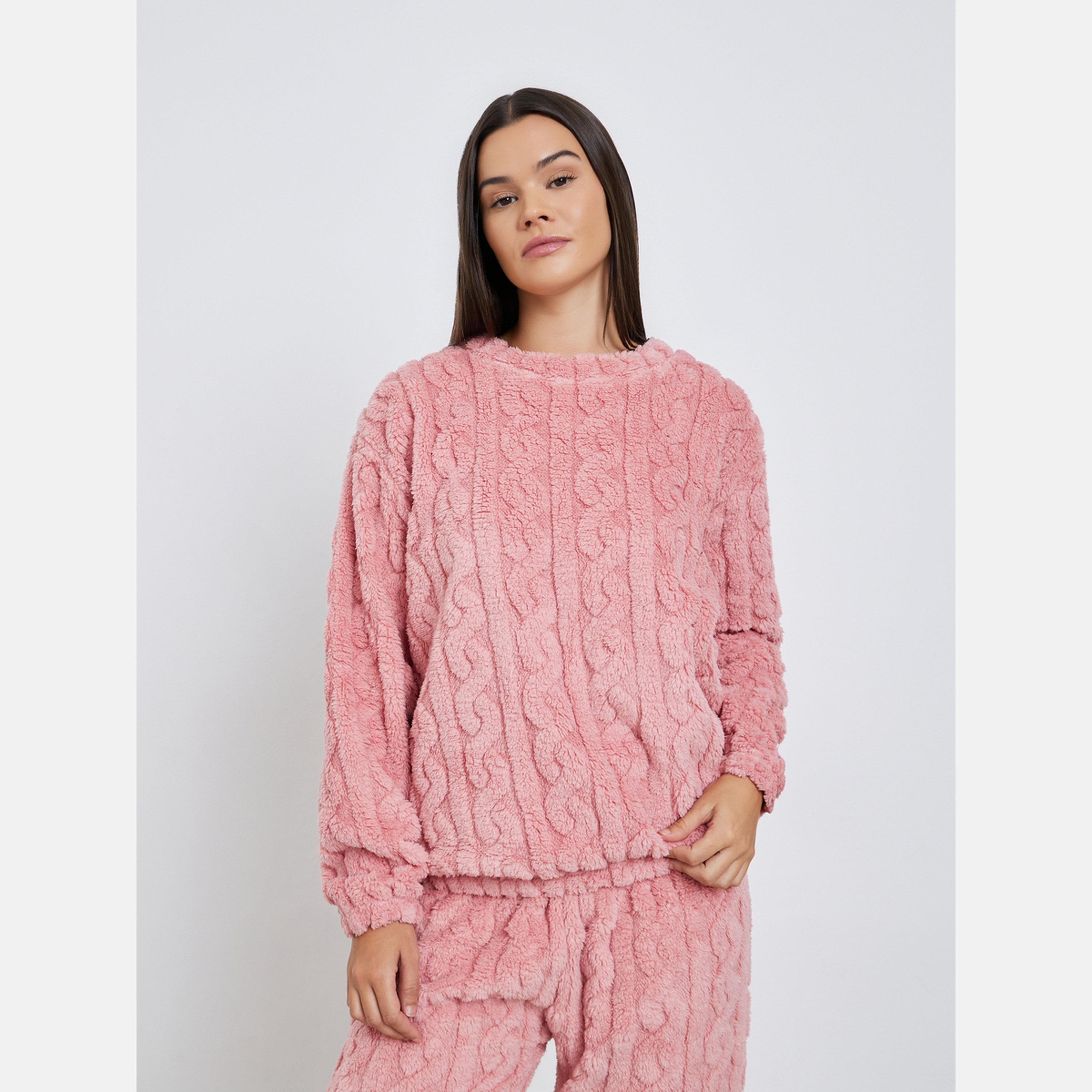 ستايلي - بلوزة من الصوف المحبوك مع بنطال رياضي بأساور-women-clothing-nightwear-pyjamas-longsets-image-2